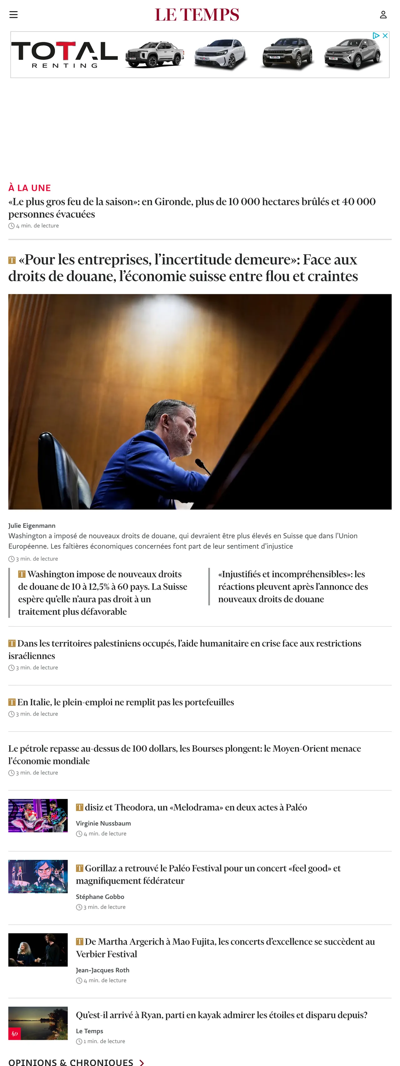 Screenshot of the Le Temps front page