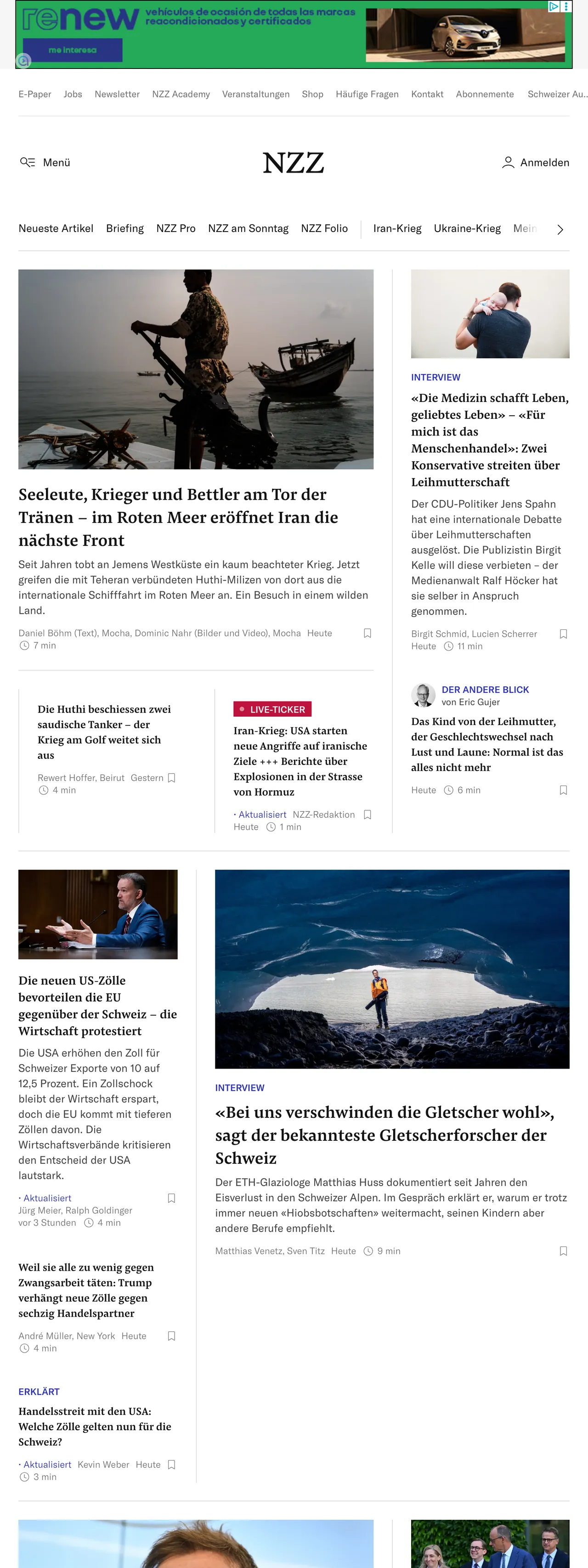 Screenshot of the Neue Zürcher Zeitung front page