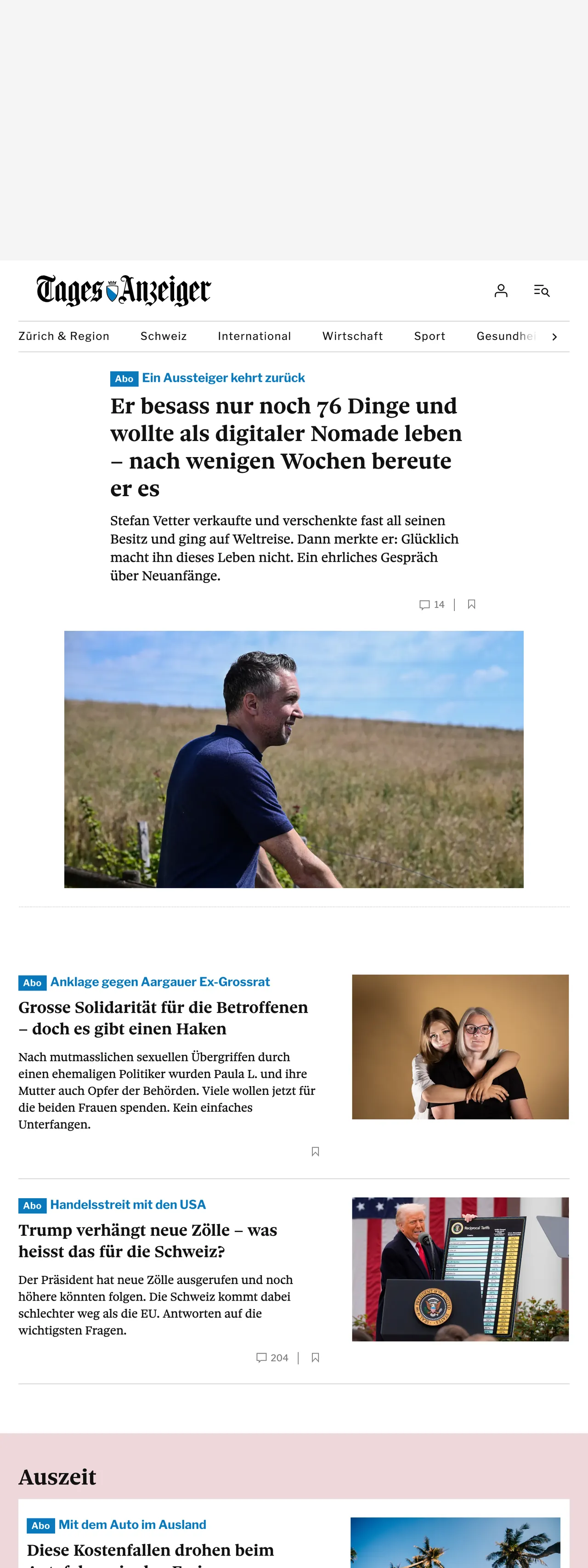 Screenshot of the Tages-Anzeiger front page