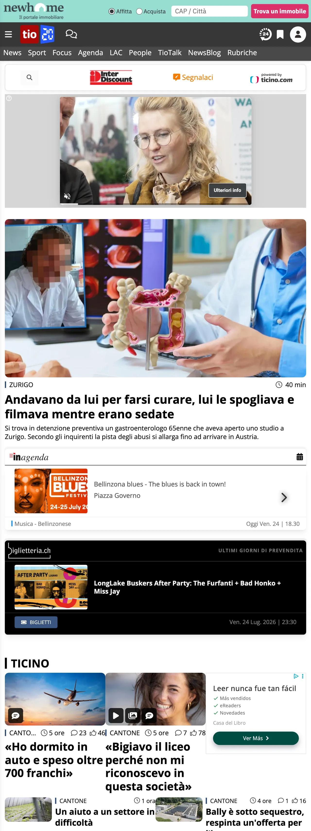 Screenshot of the Ticinonline front page