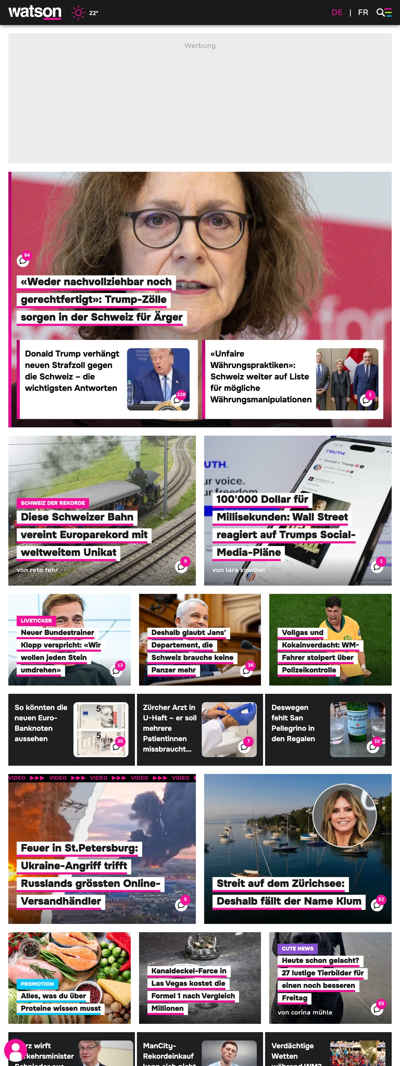 Screenshot of the watson front page