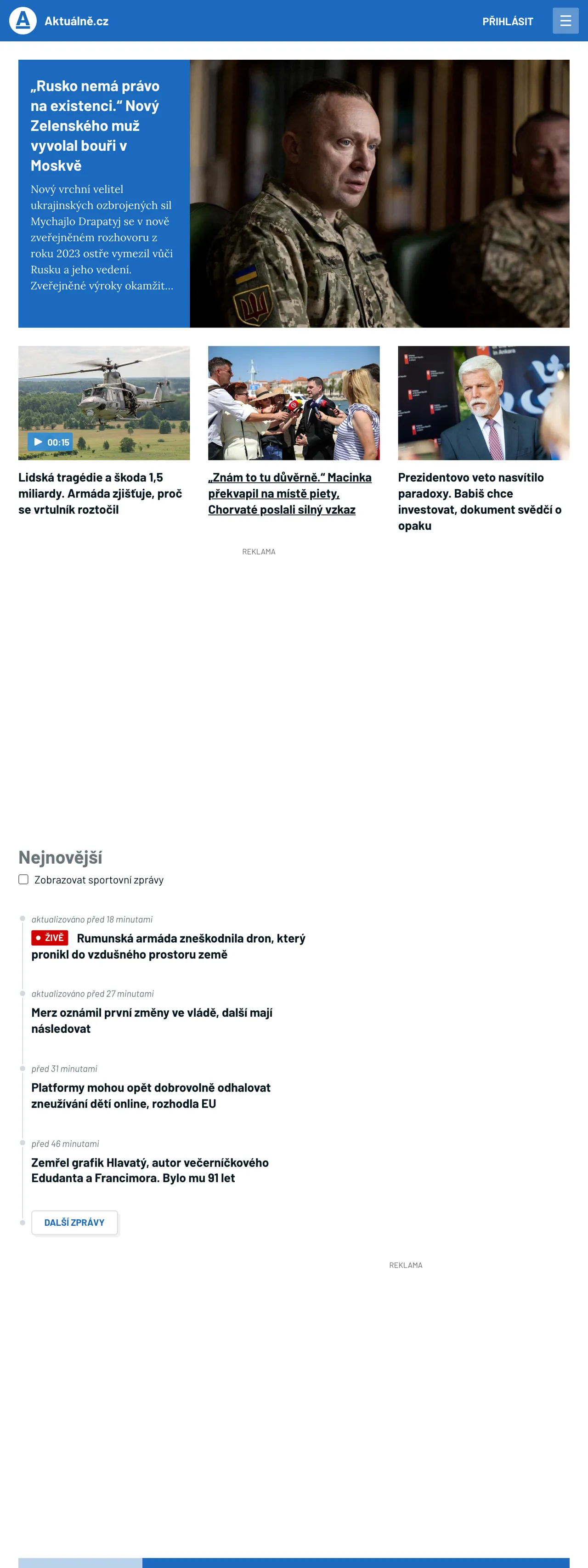 Screenshot of the Aktuálně.cz front page