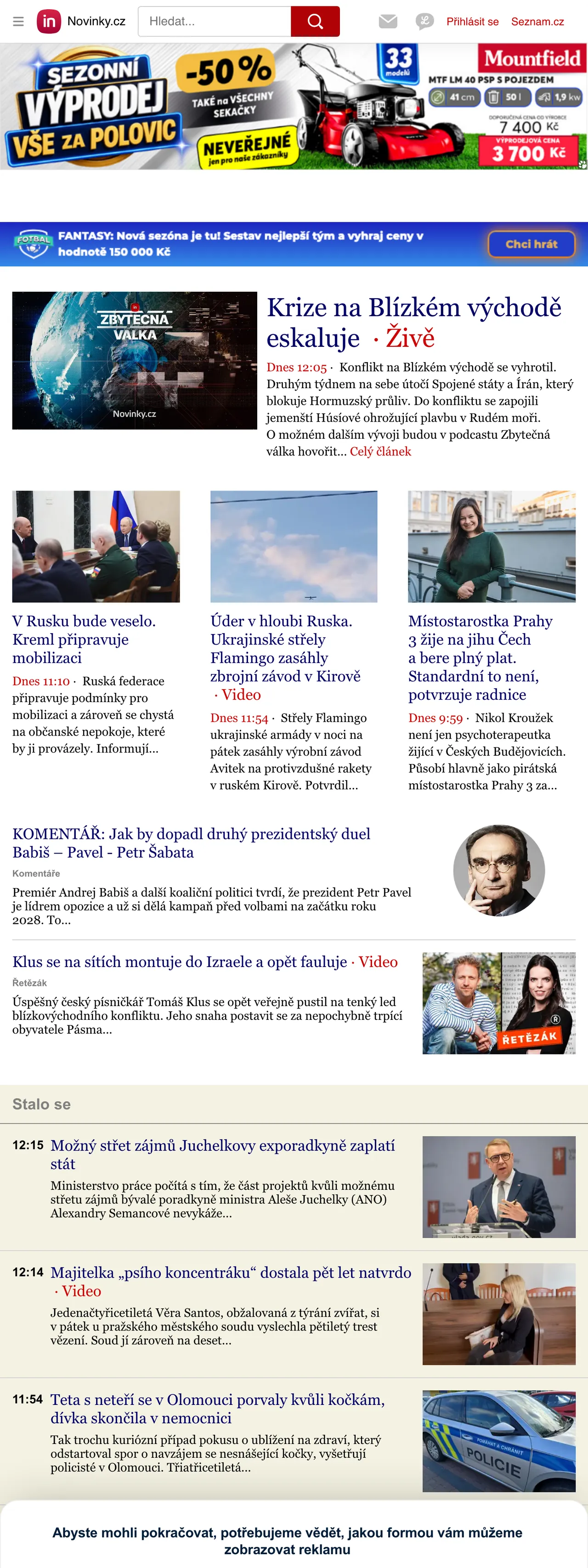 Screenshot of the Novinky.cz front page