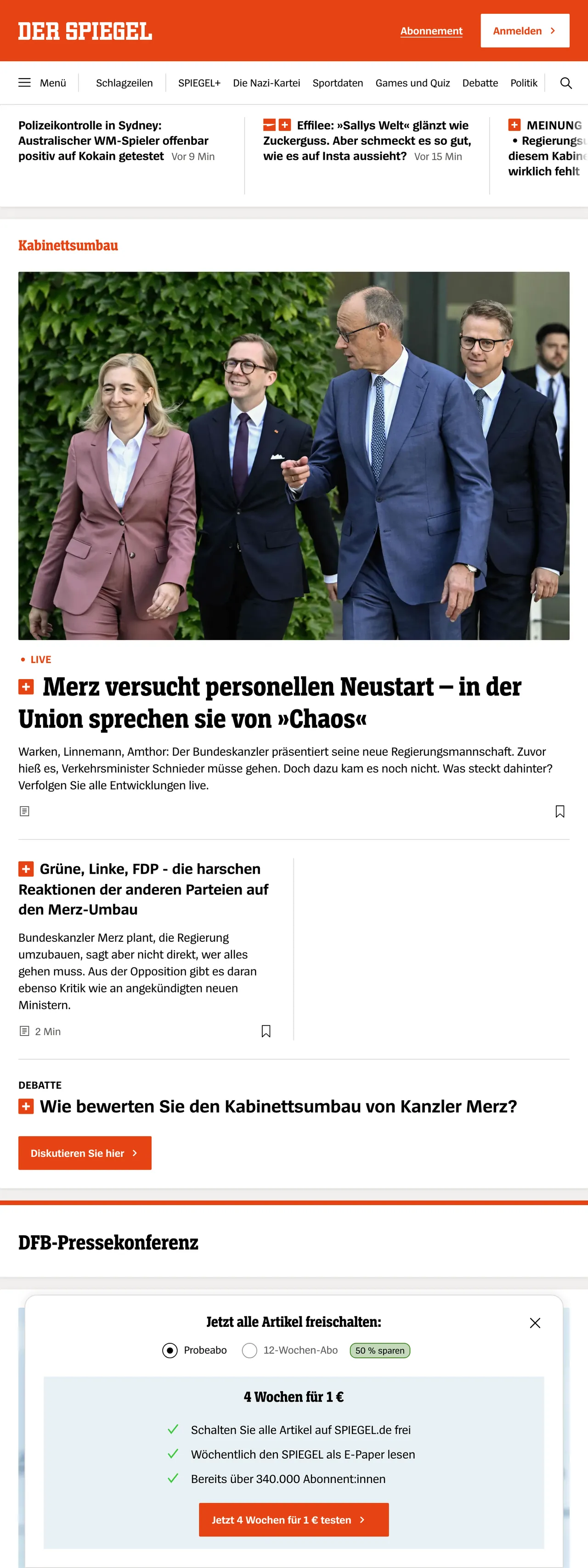 Screenshot of the DER SPIEGEL front page