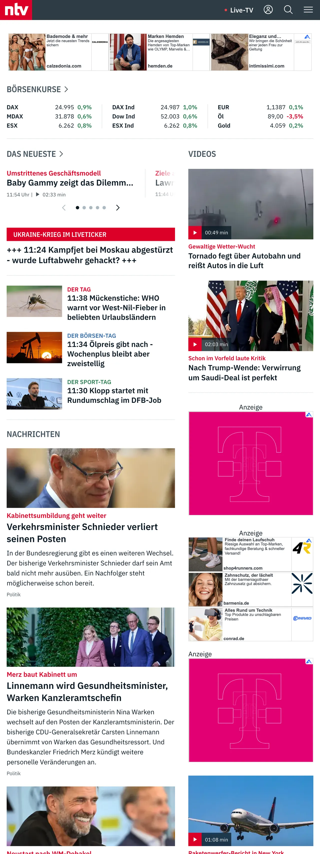 Screenshot of the n-tv front page