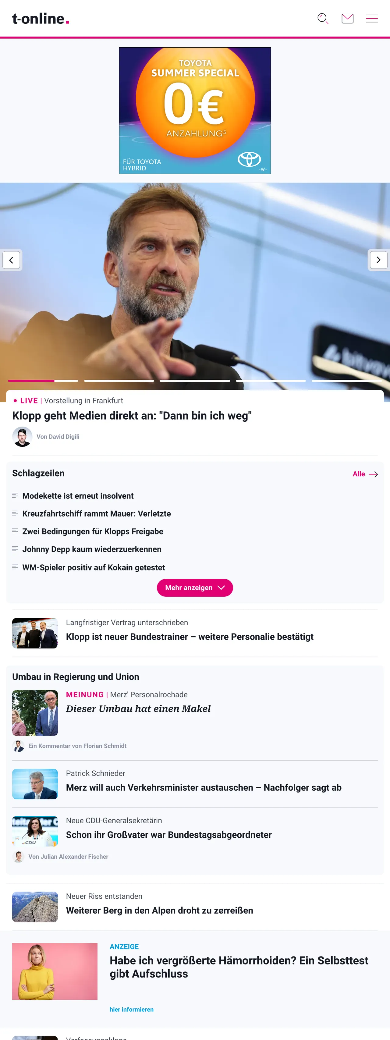 Screenshot of the t-online front page