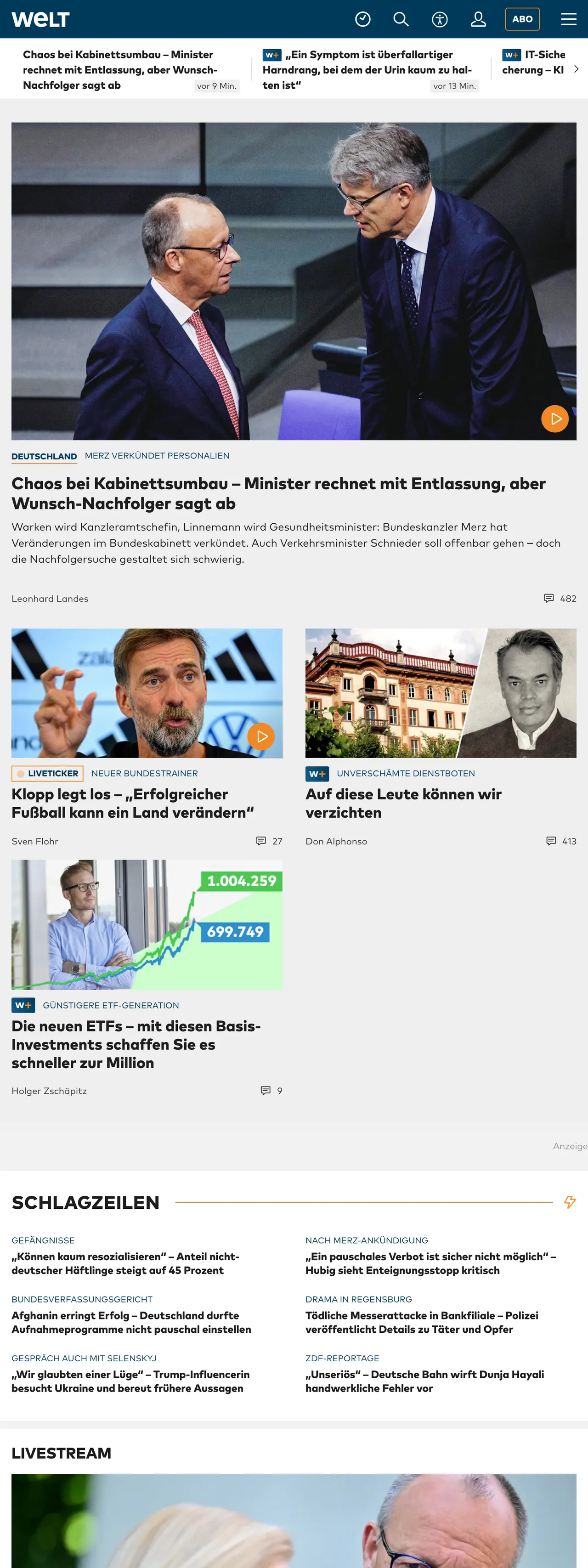 Screenshot of the WELT front page