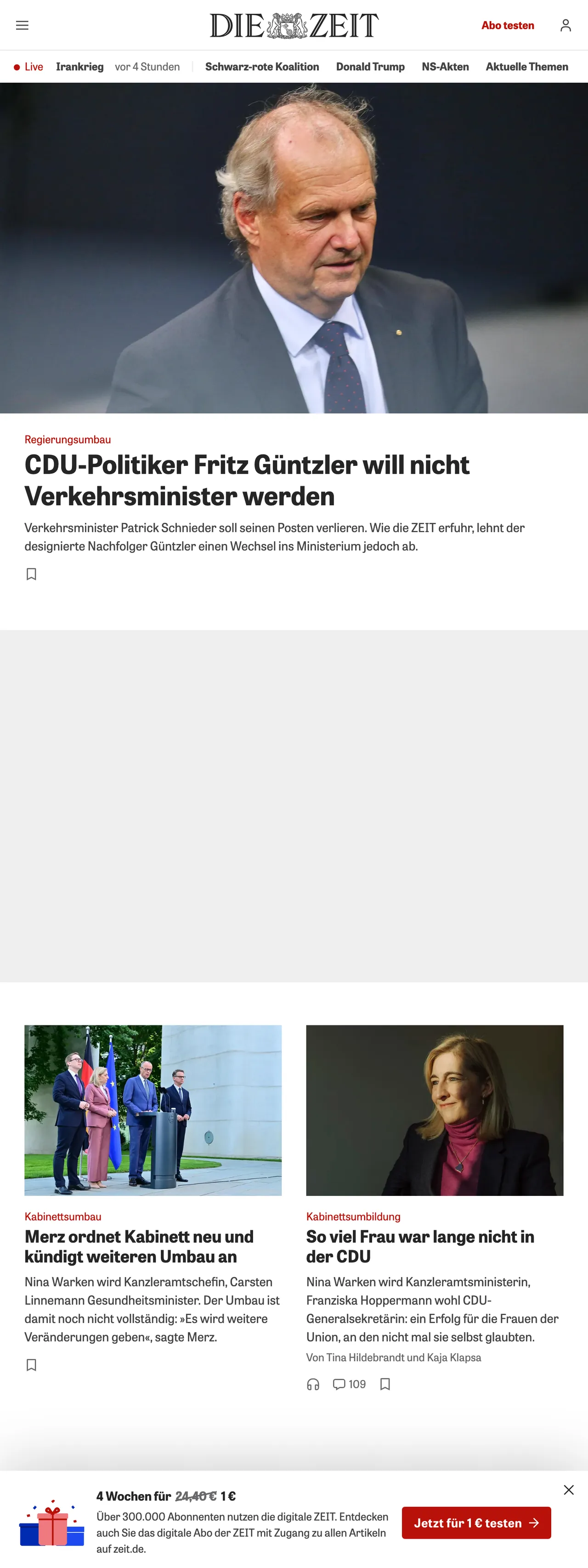 Screenshot of the ZEIT ONLINE front page