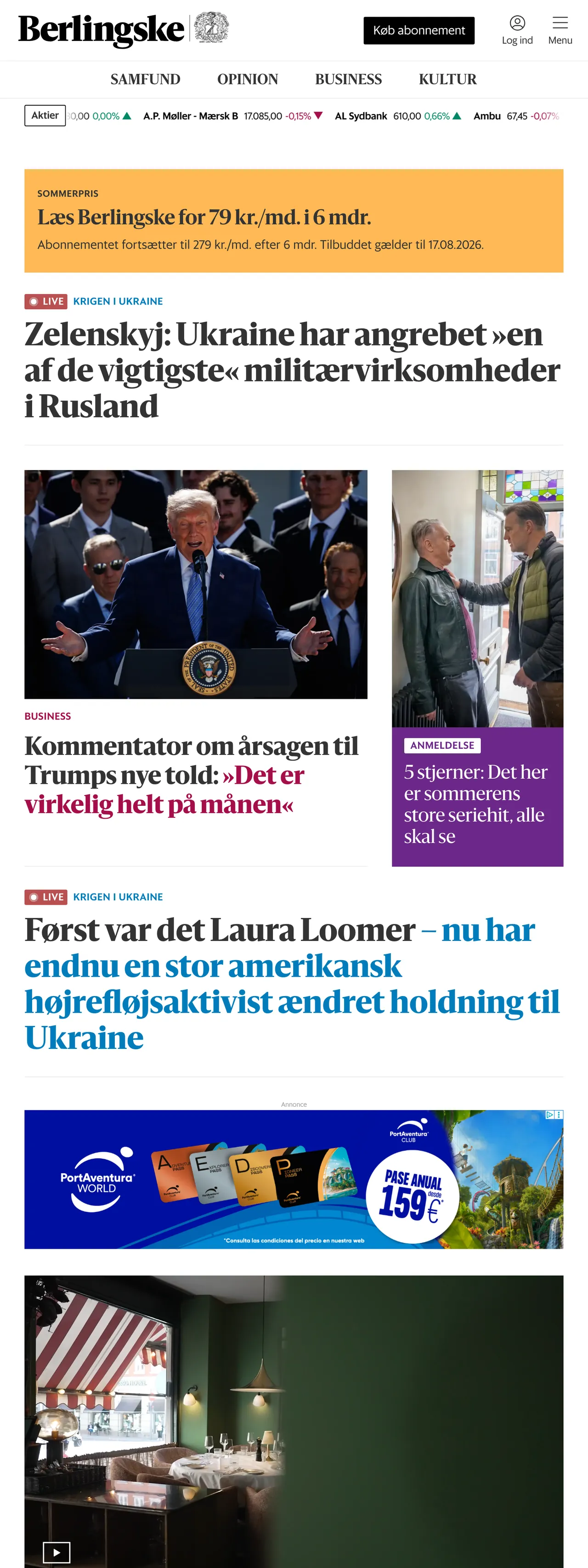 Screenshot of the Berlingske front page