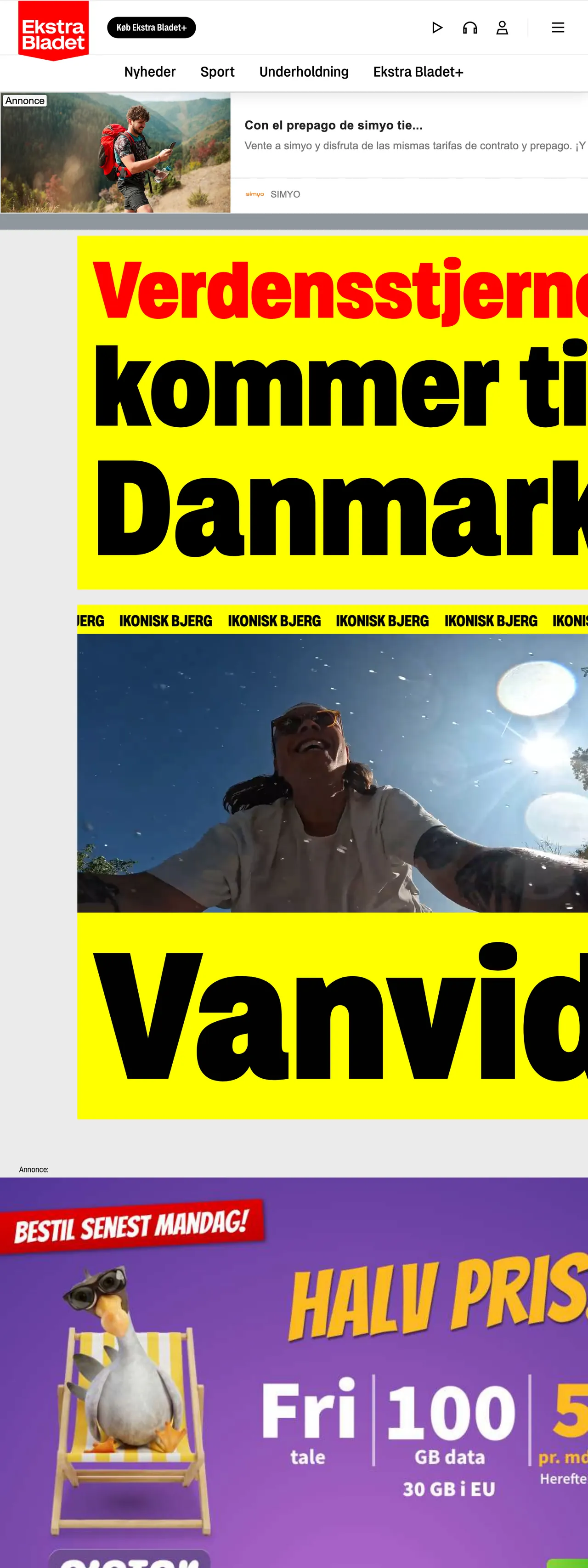 Screenshot of the Ekstra Bladet front page