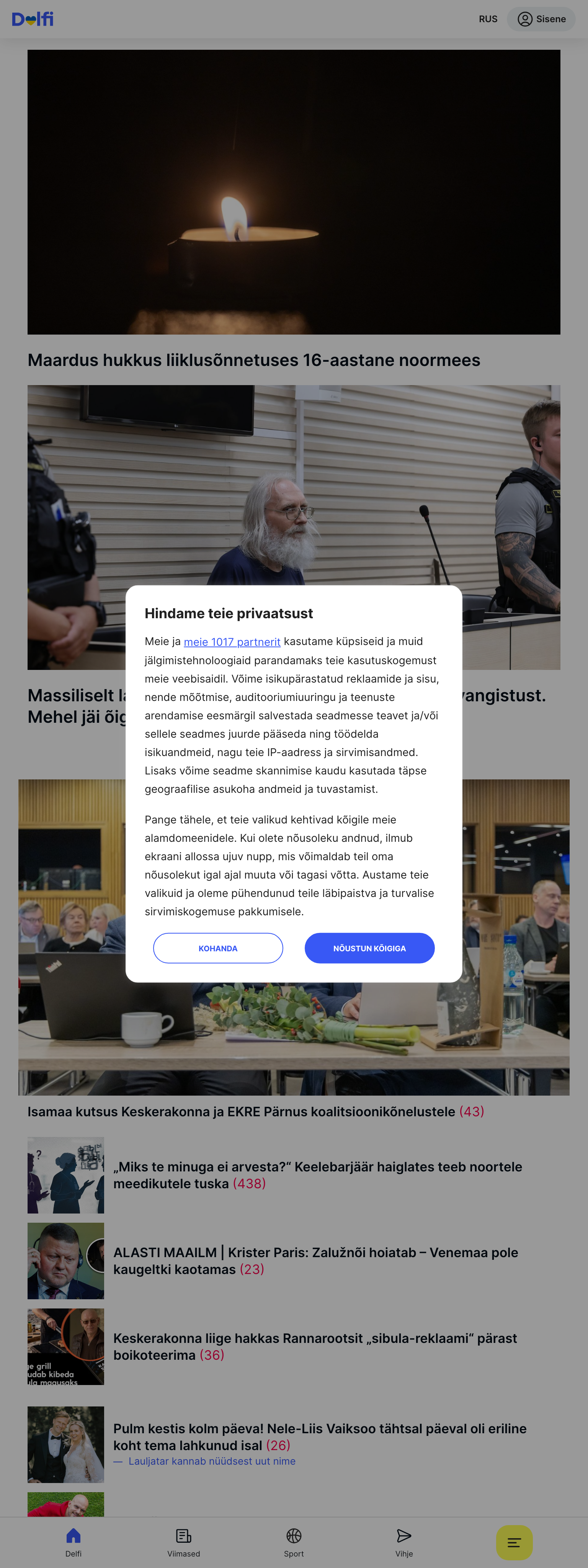 Screenshot of the Delfi front page