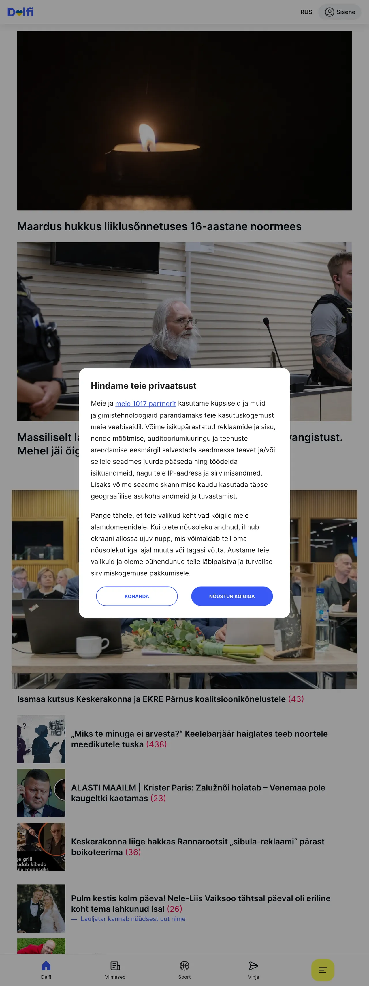 Screenshot of the Delfi front page