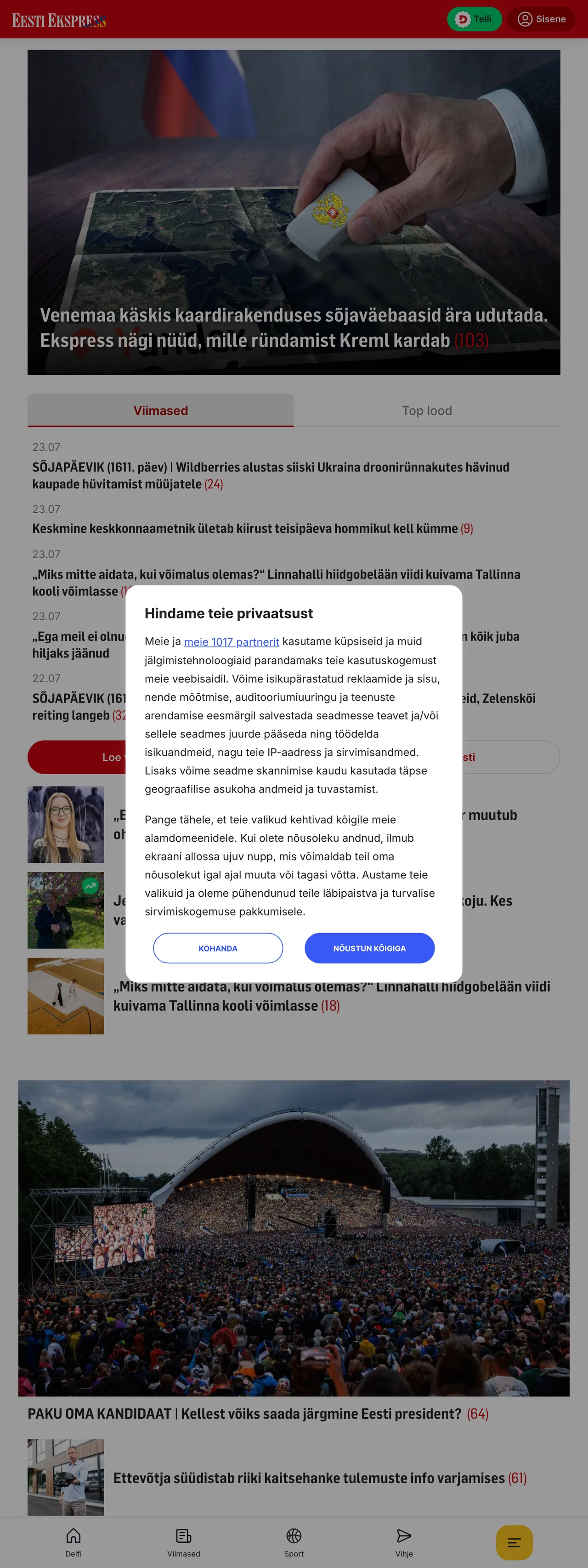 Screenshot of the Eesti Ekspress front page