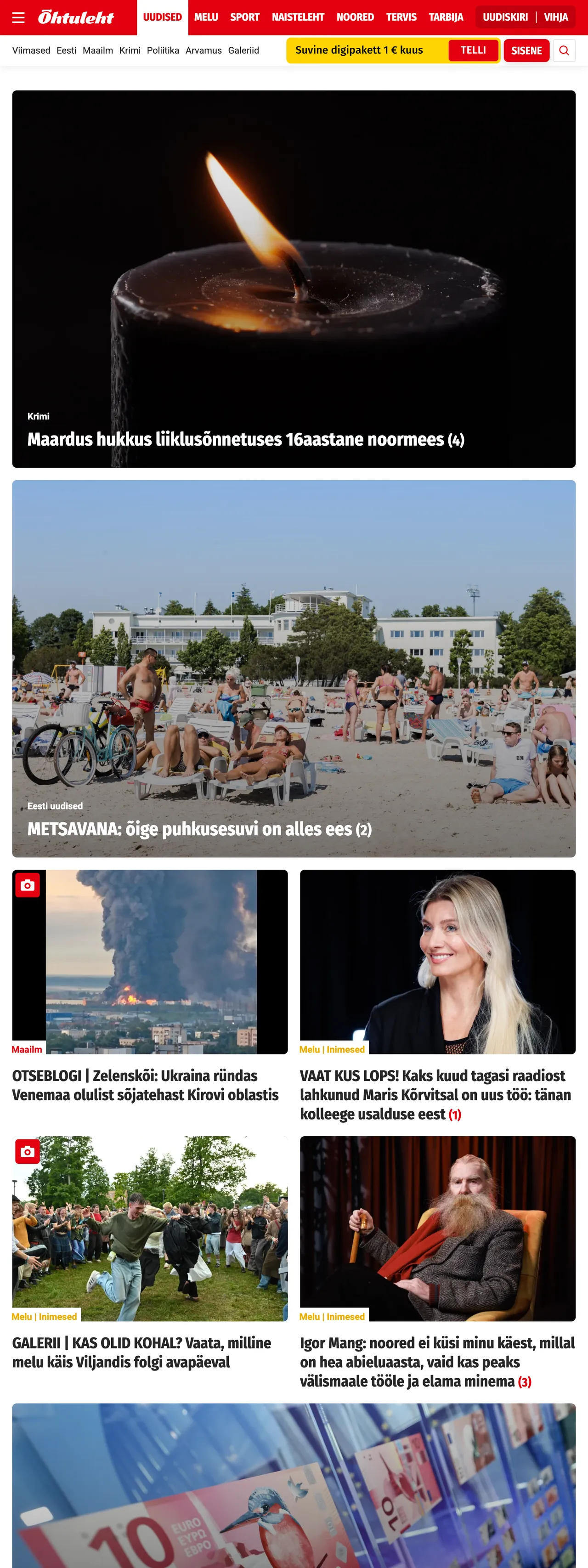 Screenshot of the Õhtuleht front page