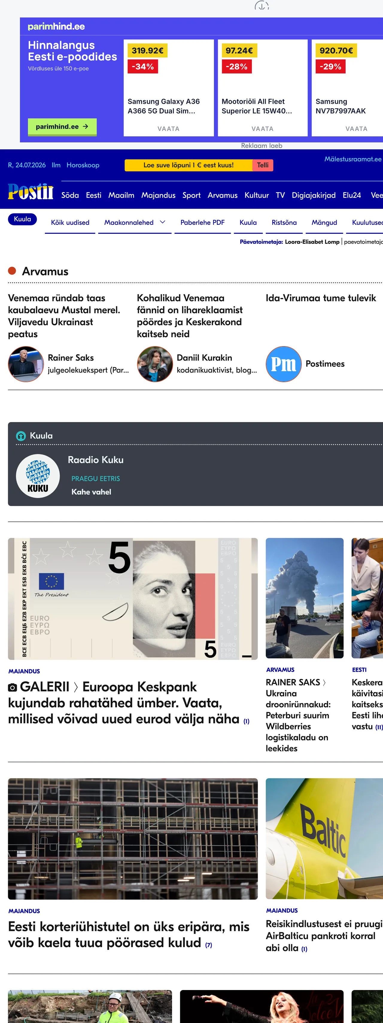 Screenshot of the Postimees front page