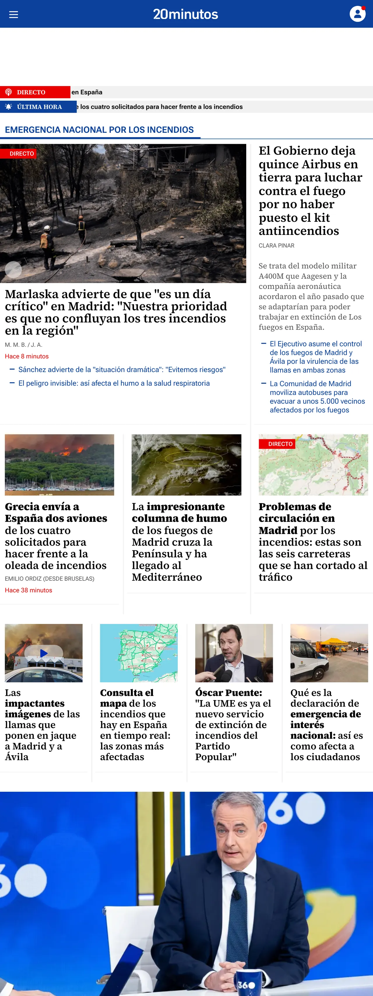 Screenshot of the 20minutos front page