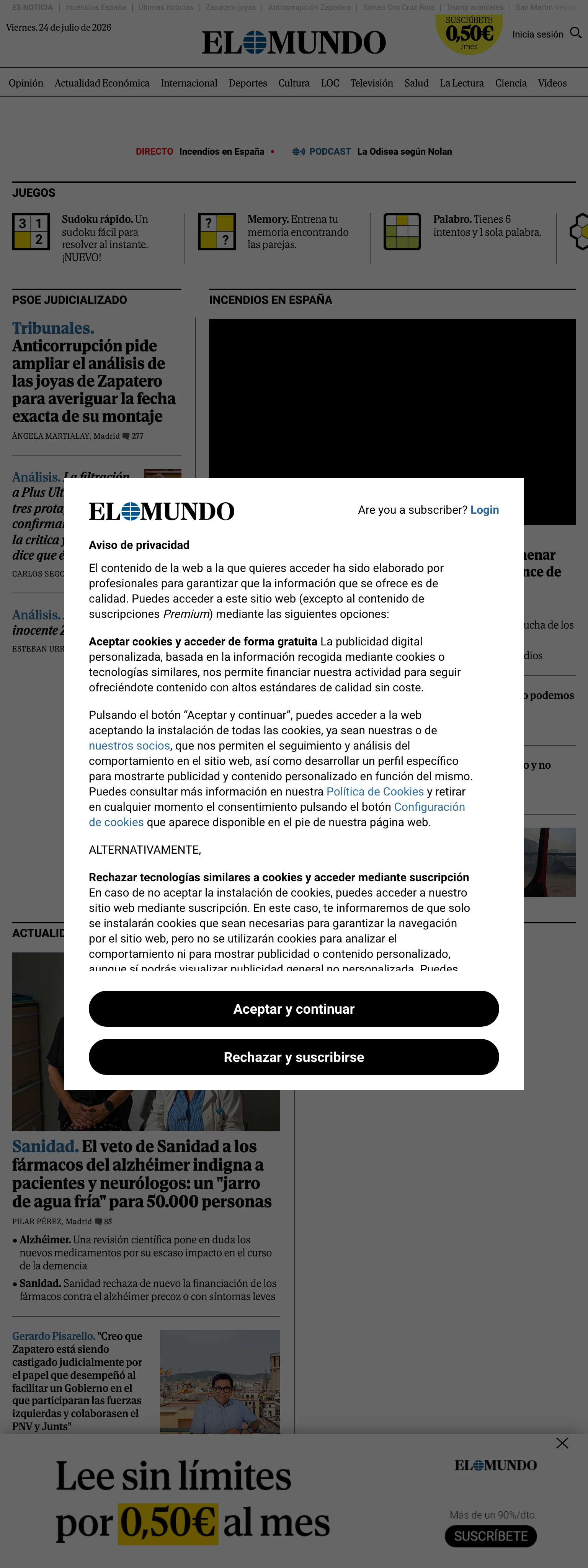 Screenshot of the El Mundo front page