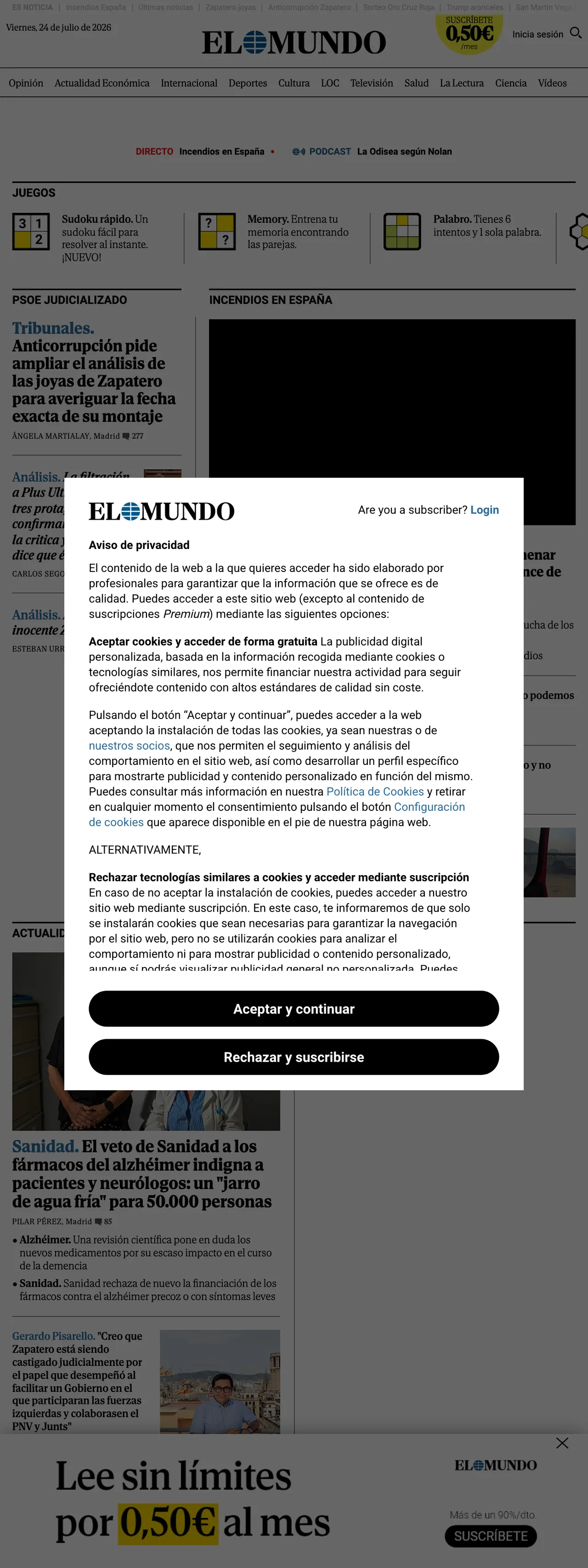 Screenshot of the El Mundo front page