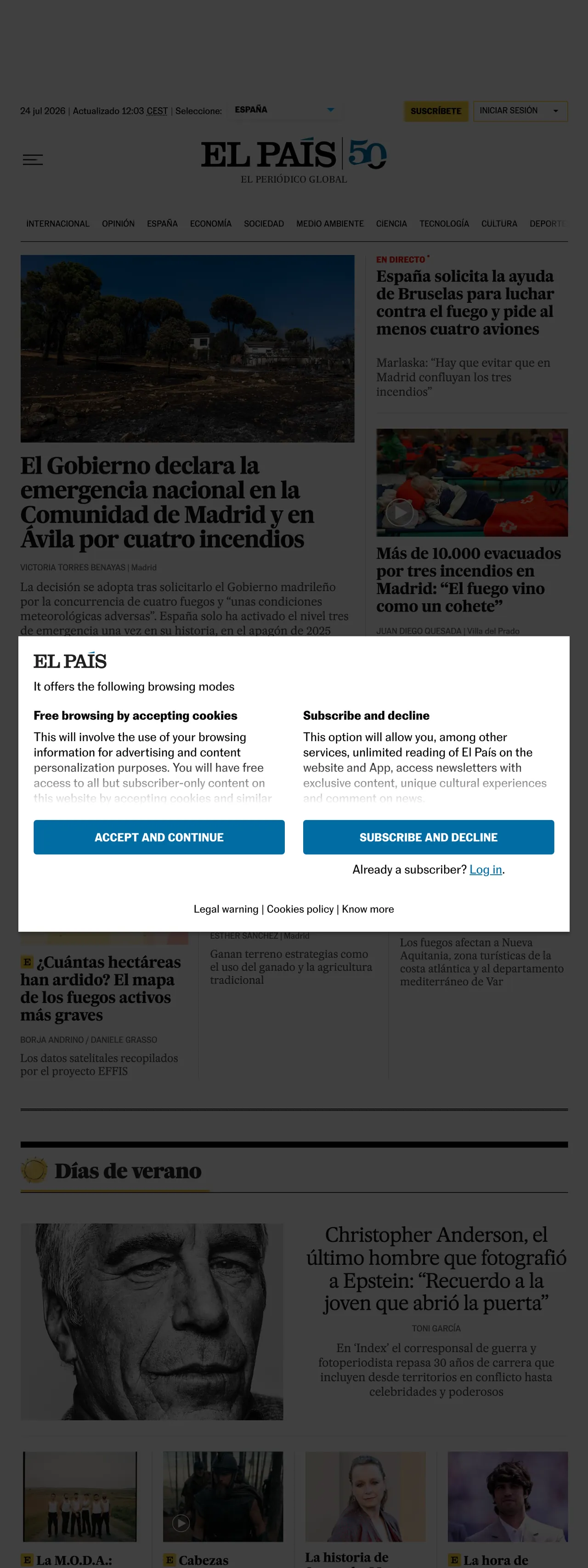 Screenshot of the EL PAÍS front page