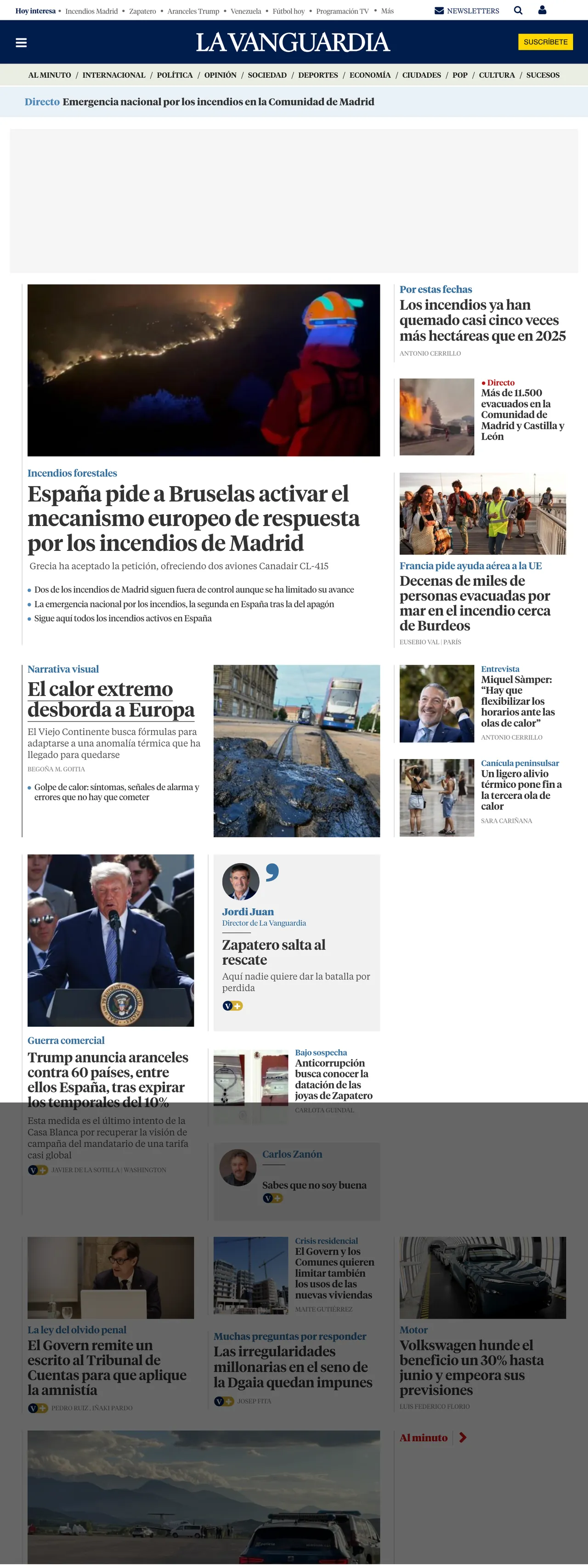 Screenshot of the La Vanguardia front page