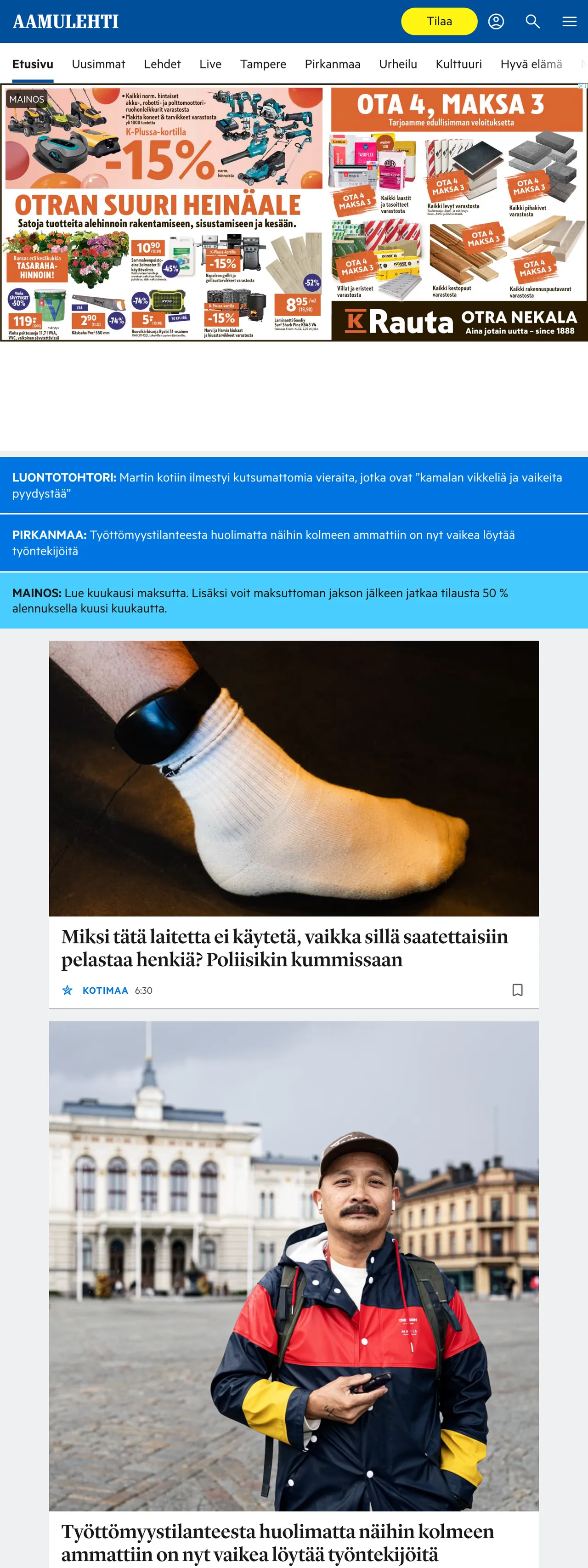 Screenshot of the Aamulehti front page