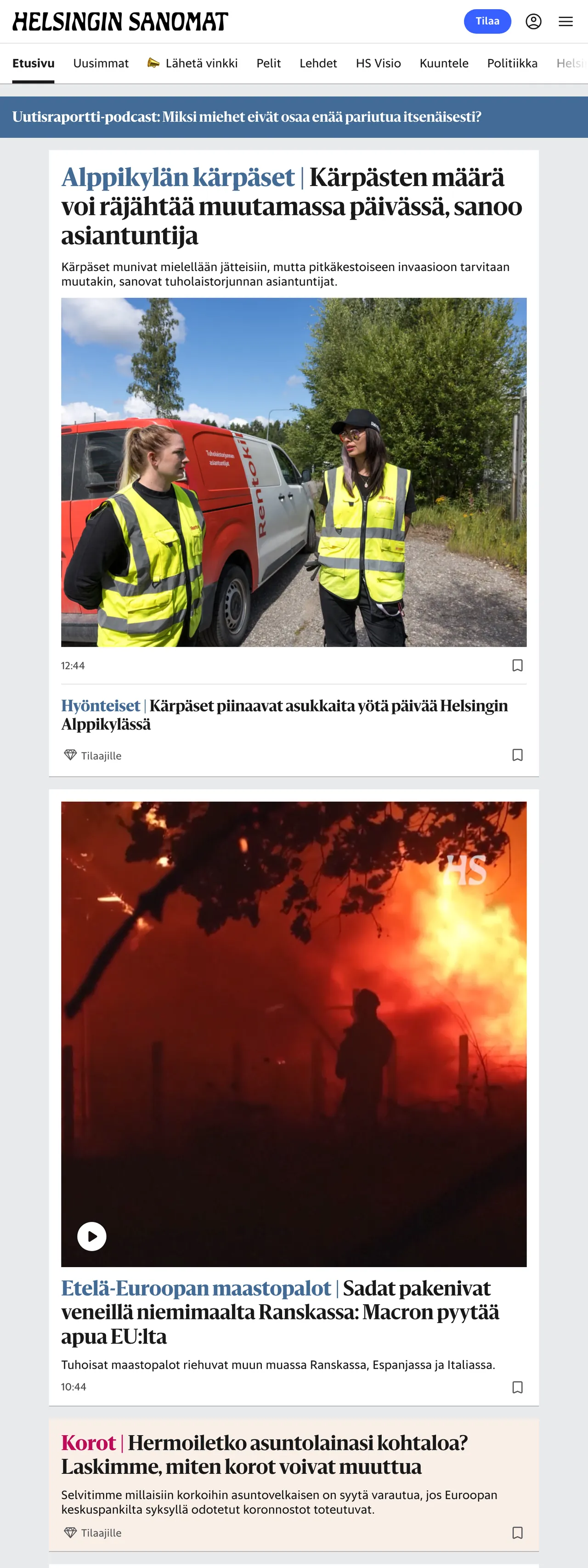 Screenshot of the Helsingin Sanomat front page