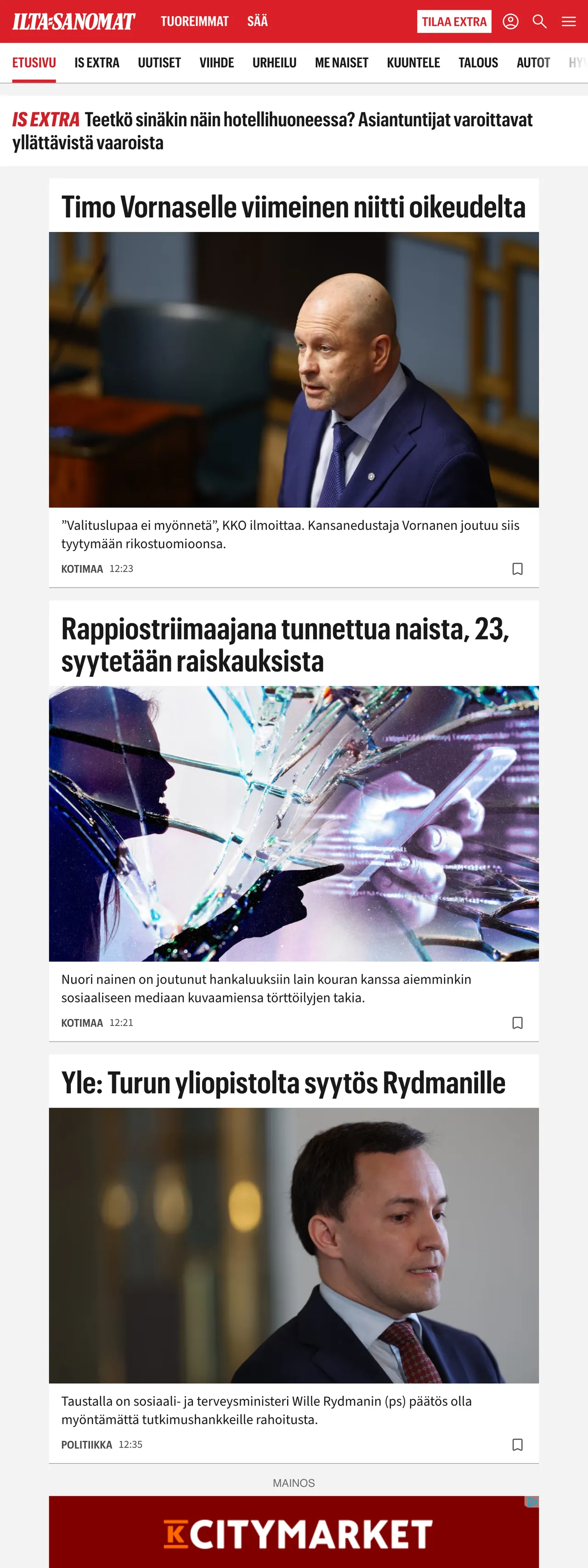 Screenshot of the Ilta-Sanomat front page