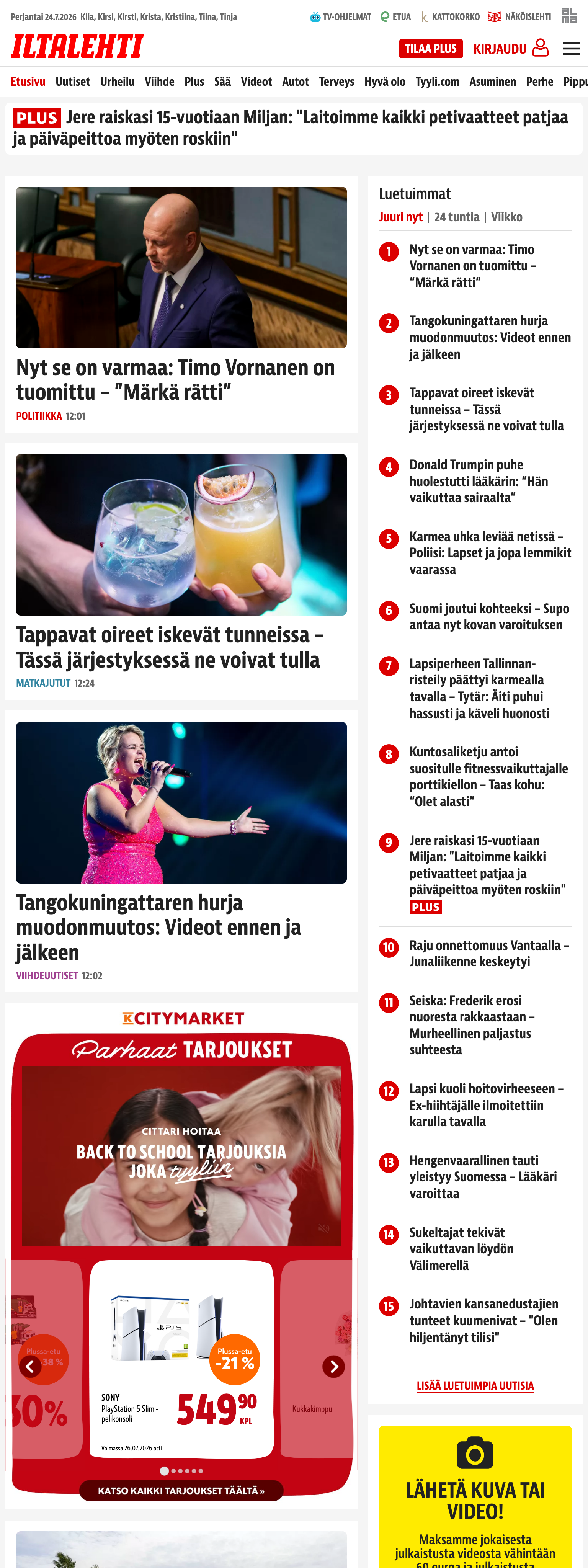Screenshot of the Iltalehti front page