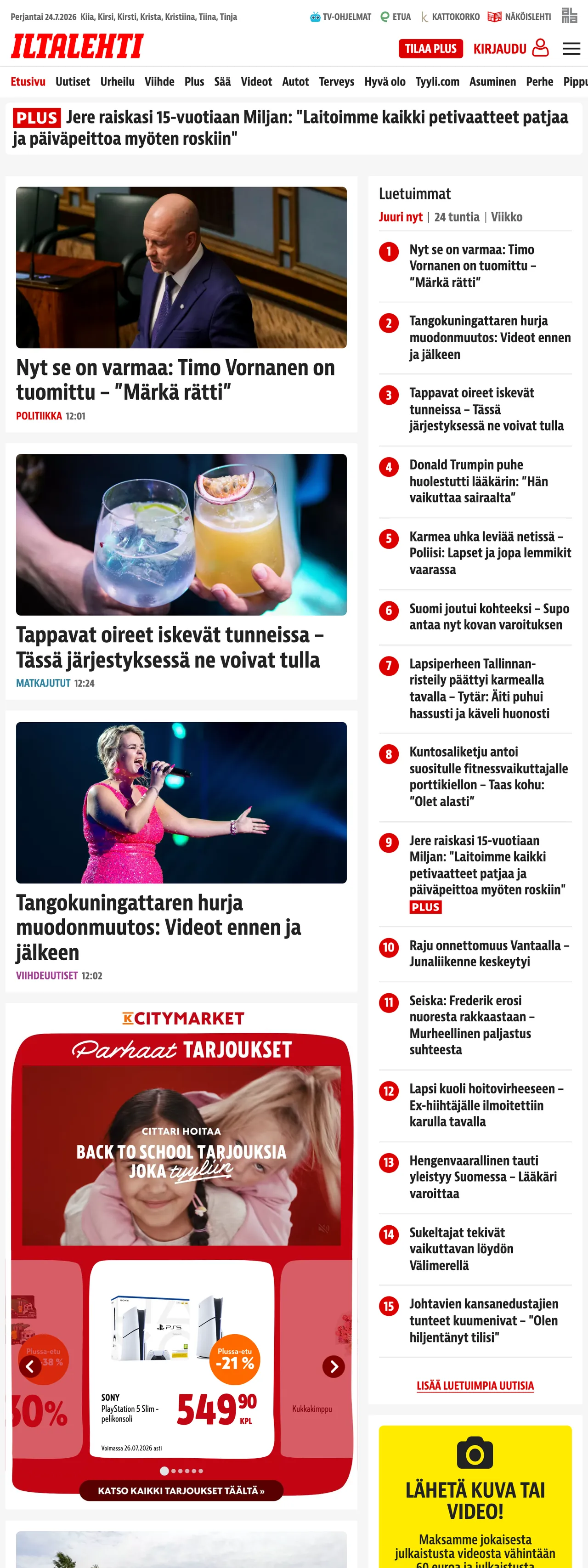 Screenshot of the Iltalehti front page