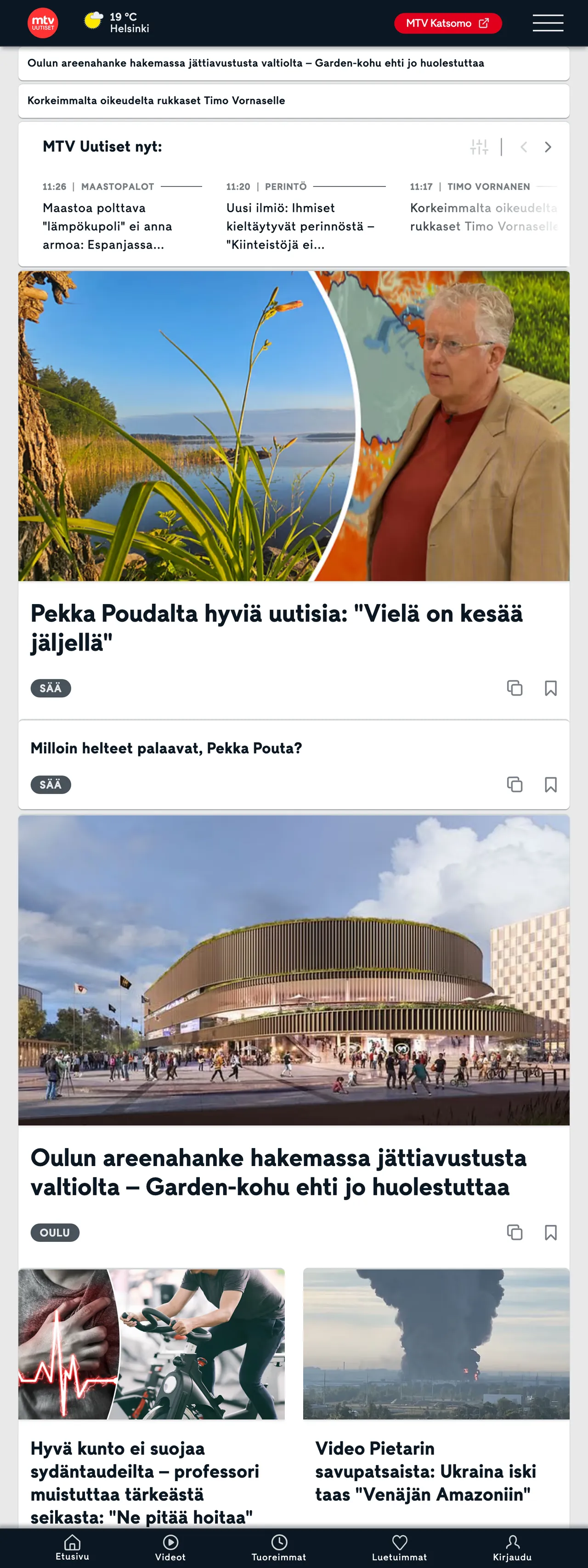 Screenshot of the MTV Uutiset front page