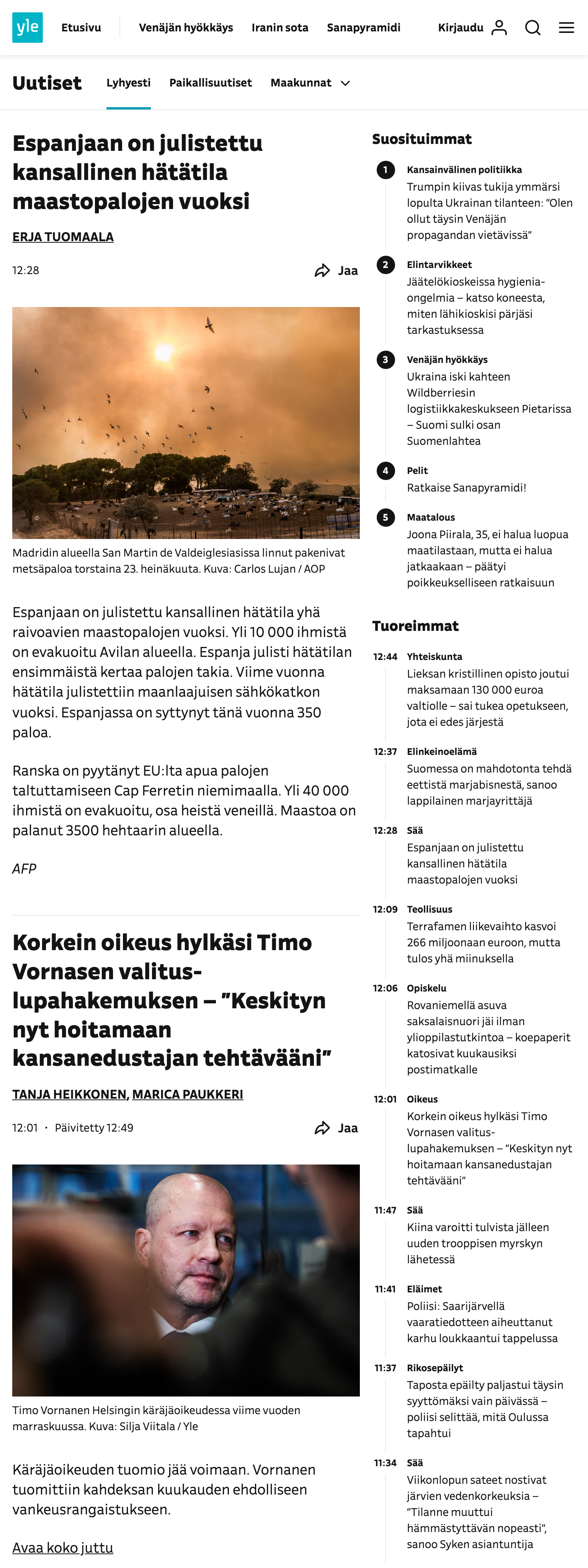 Screenshot of the Yle front page