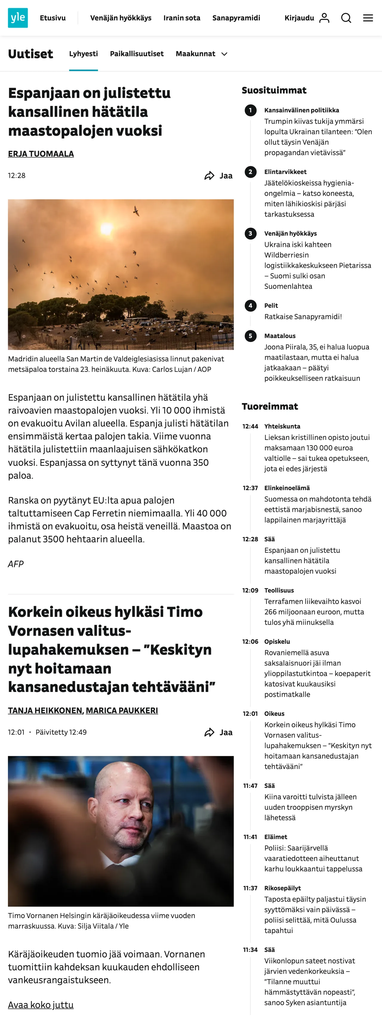 Screenshot of the Yle front page