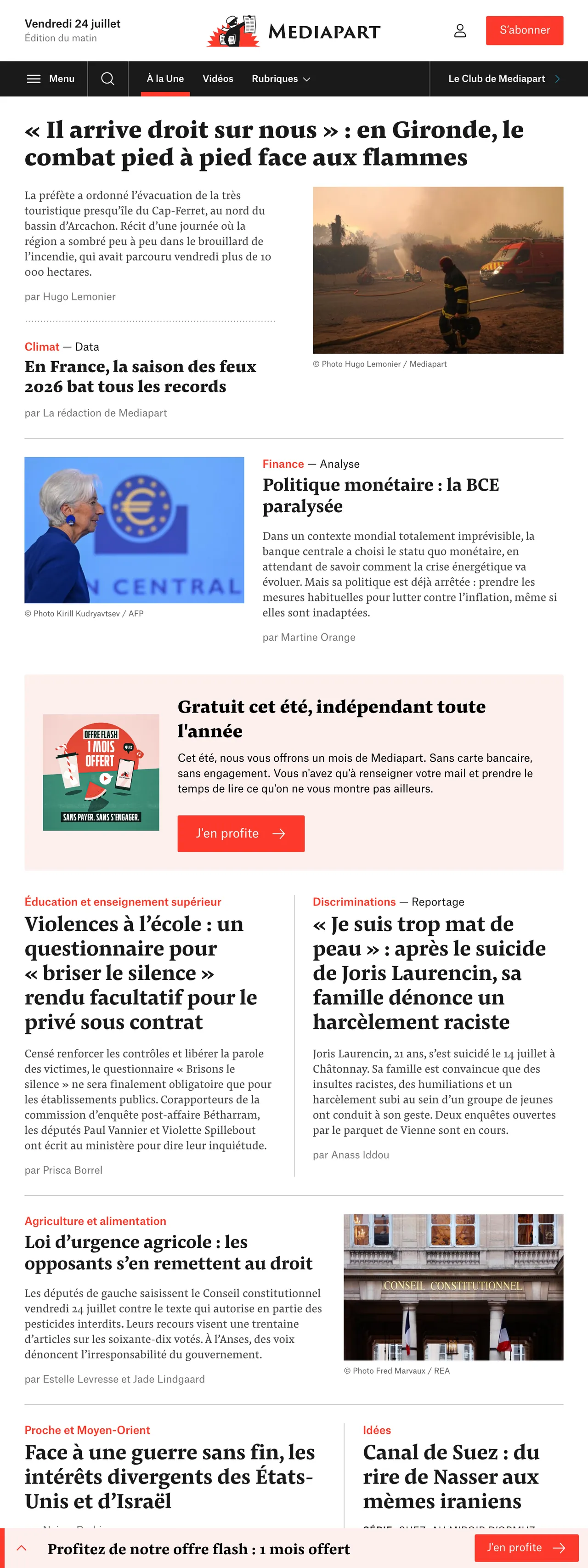 Screenshot of the Mediapart front page