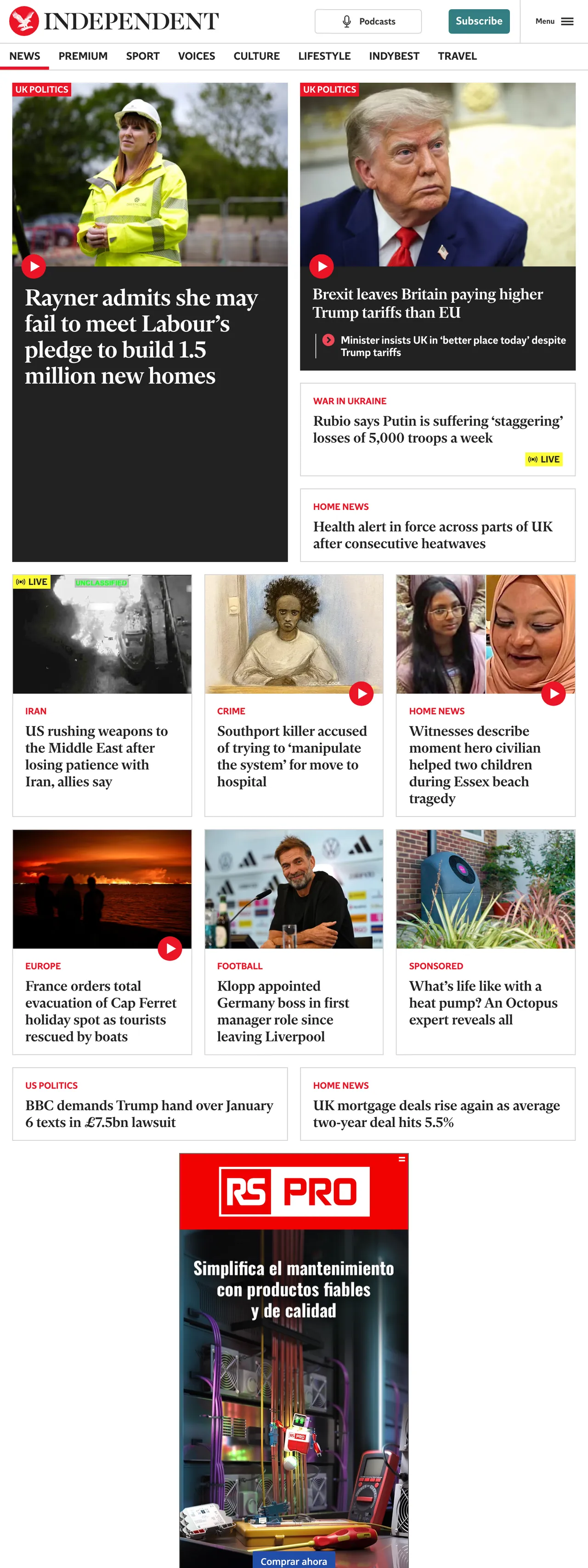 Screenshot of the The Independent front page