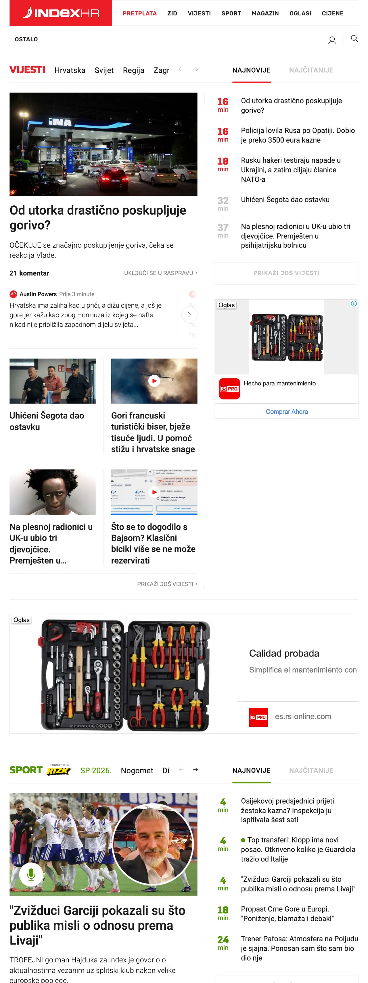 Screenshot of the Index.hr front page