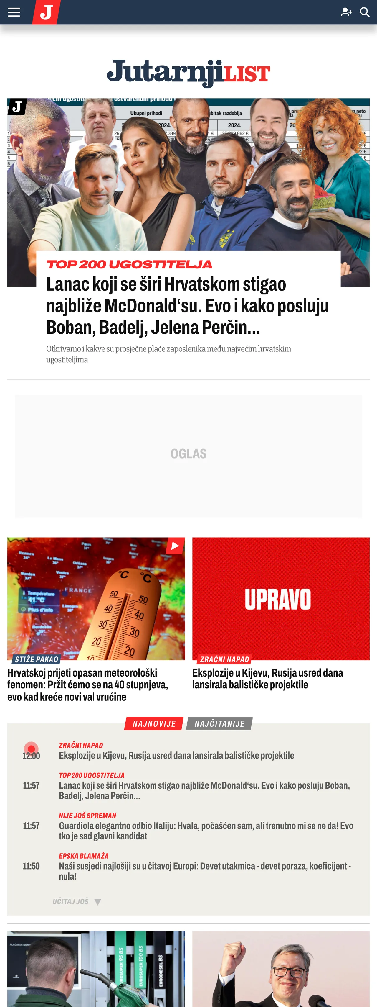Screenshot of the Jutarnji list front page