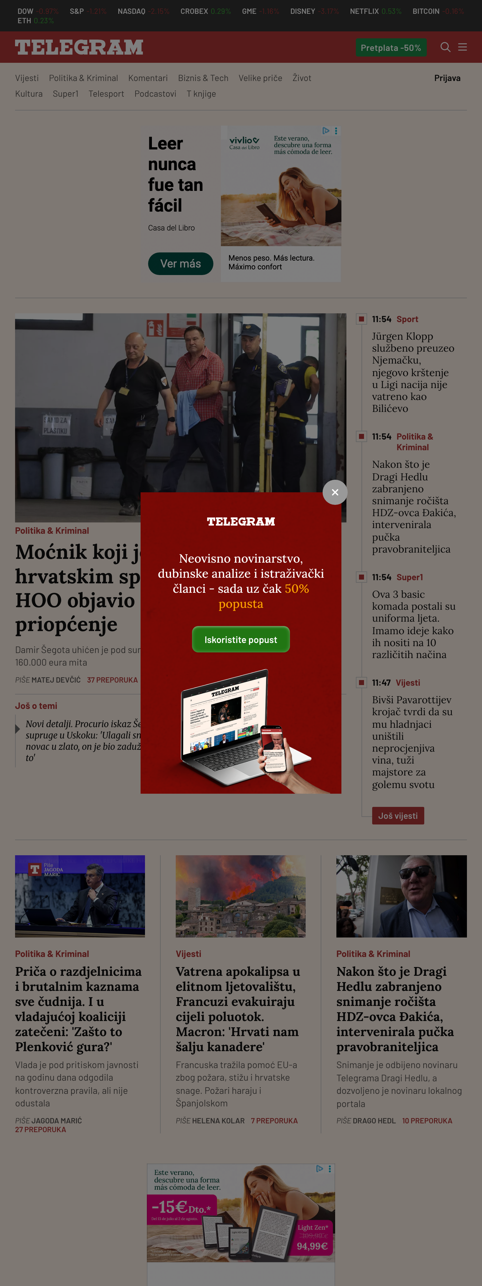 Screenshot of the Telegram.hr front page