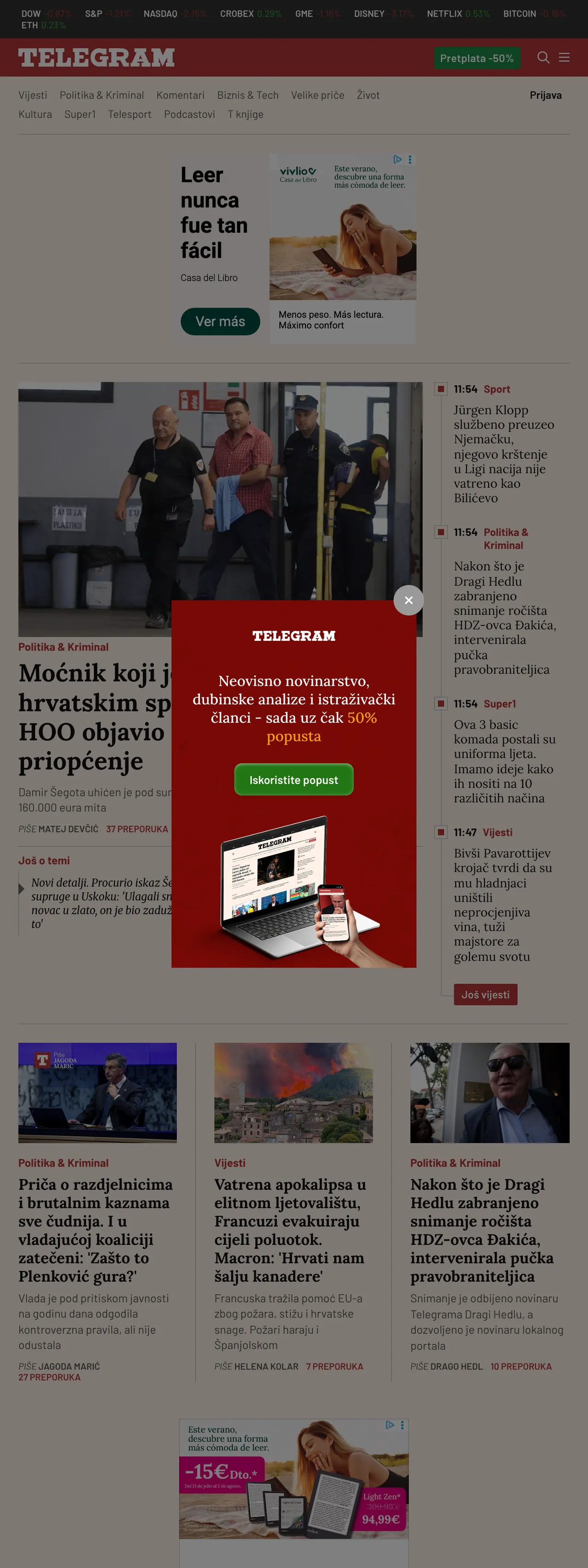 Screenshot of the Telegram.hr front page