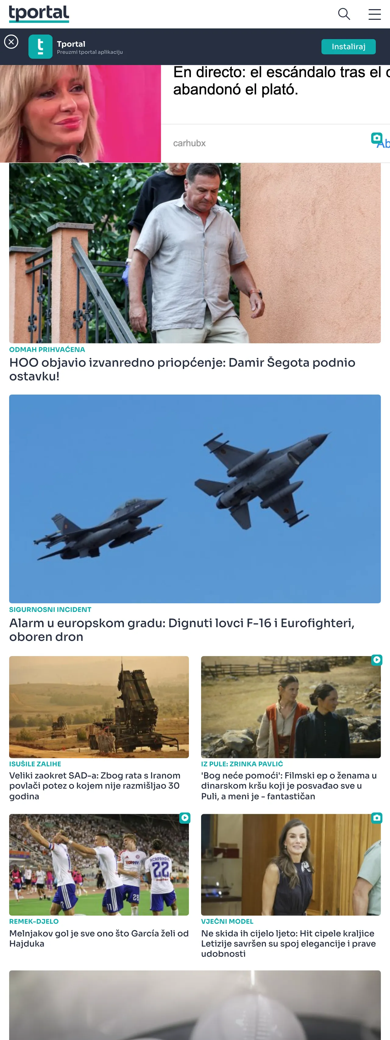 Screenshot of the tportal front page