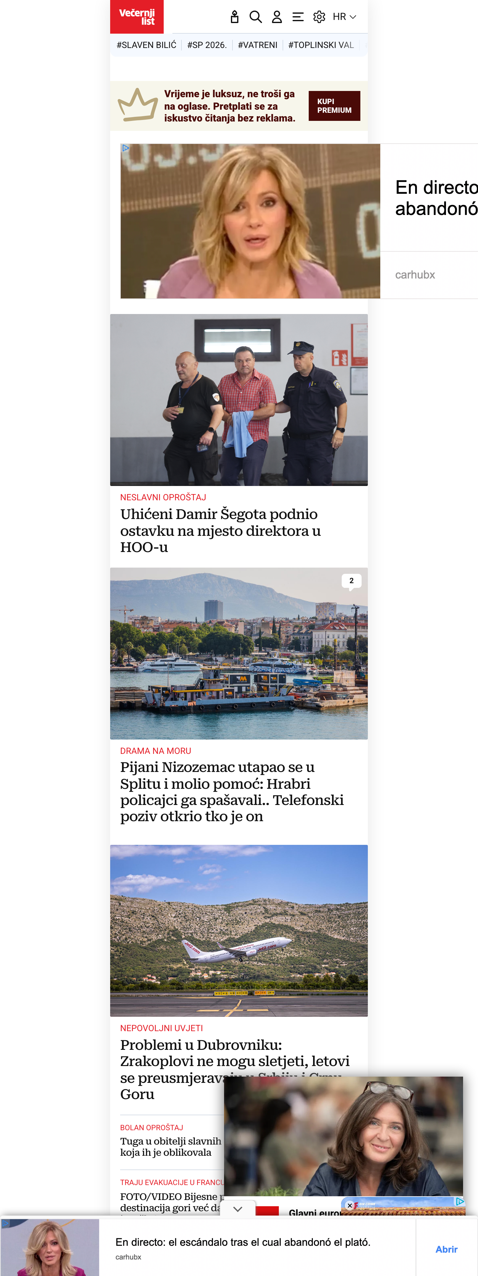 Screenshot of the Večernji list front page