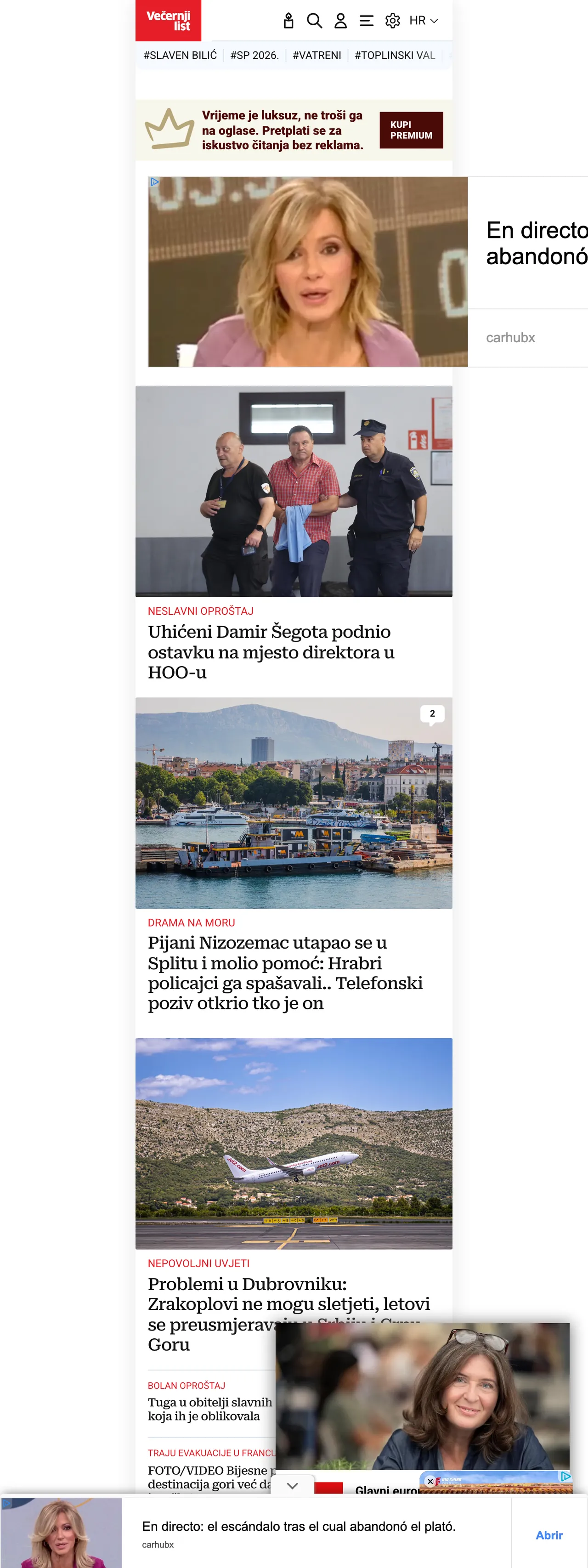 Screenshot of the Večernji list front page