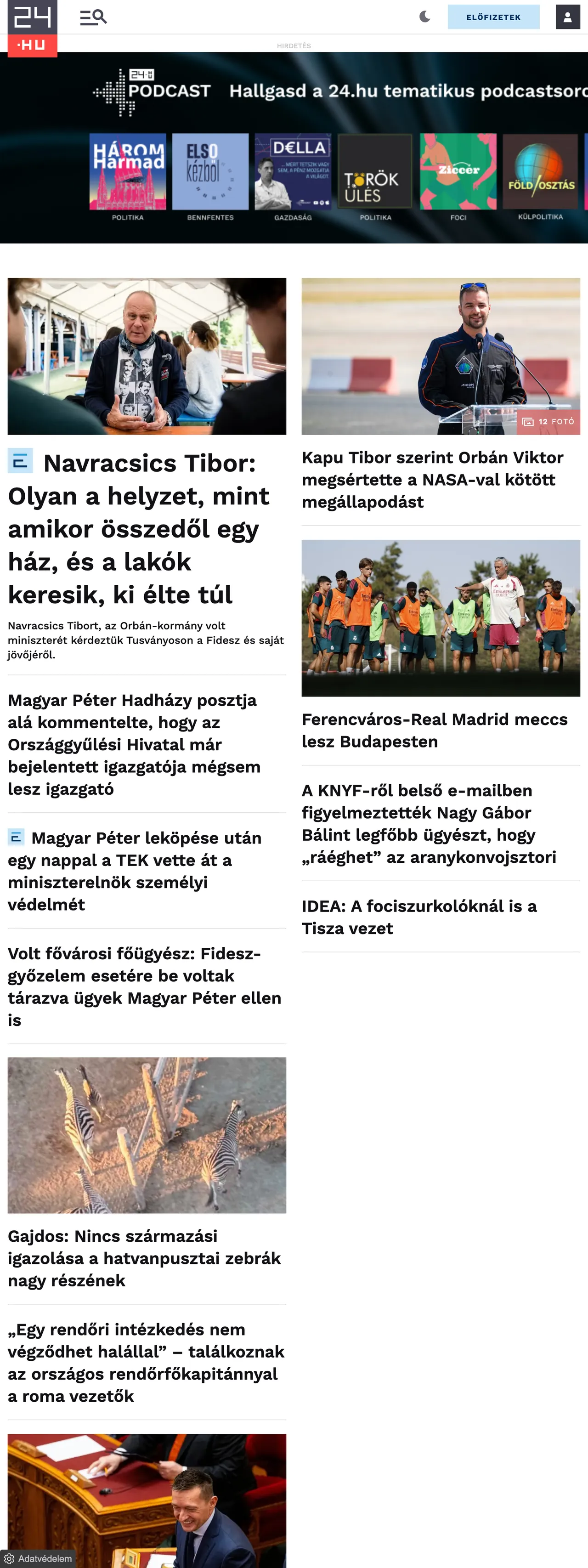 Screenshot of the 24.hu front page