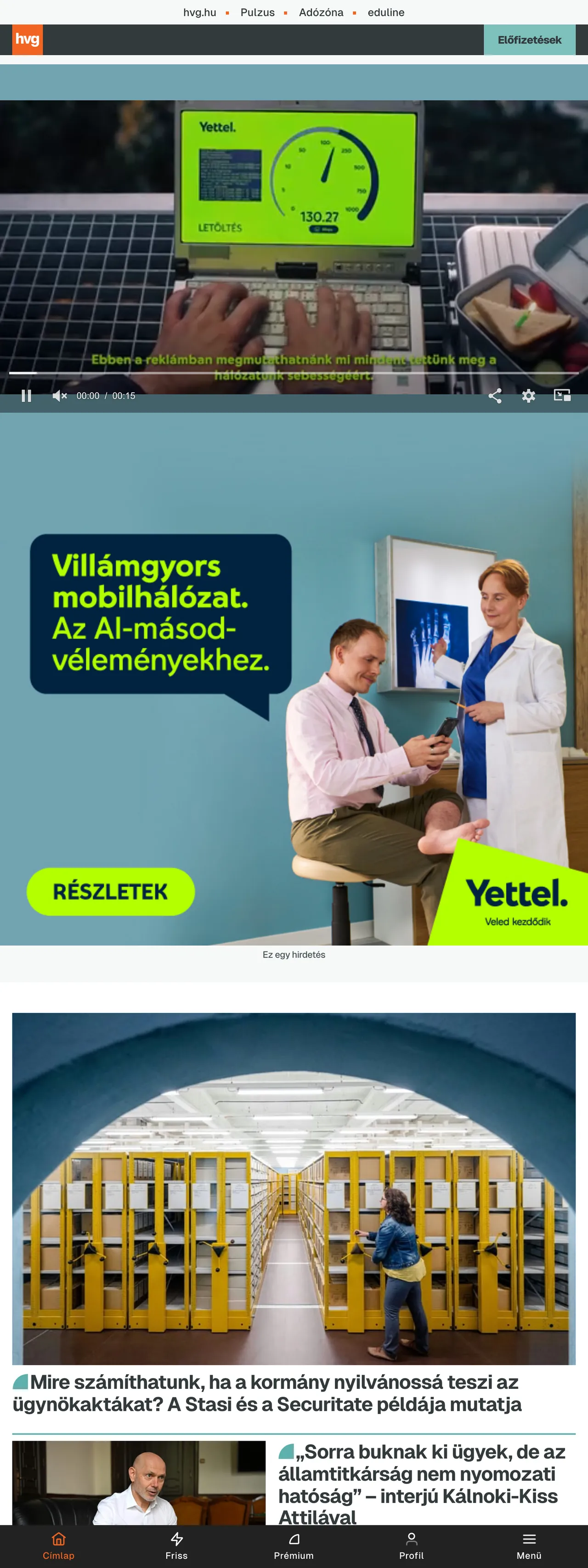 Screenshot of the HVG front page