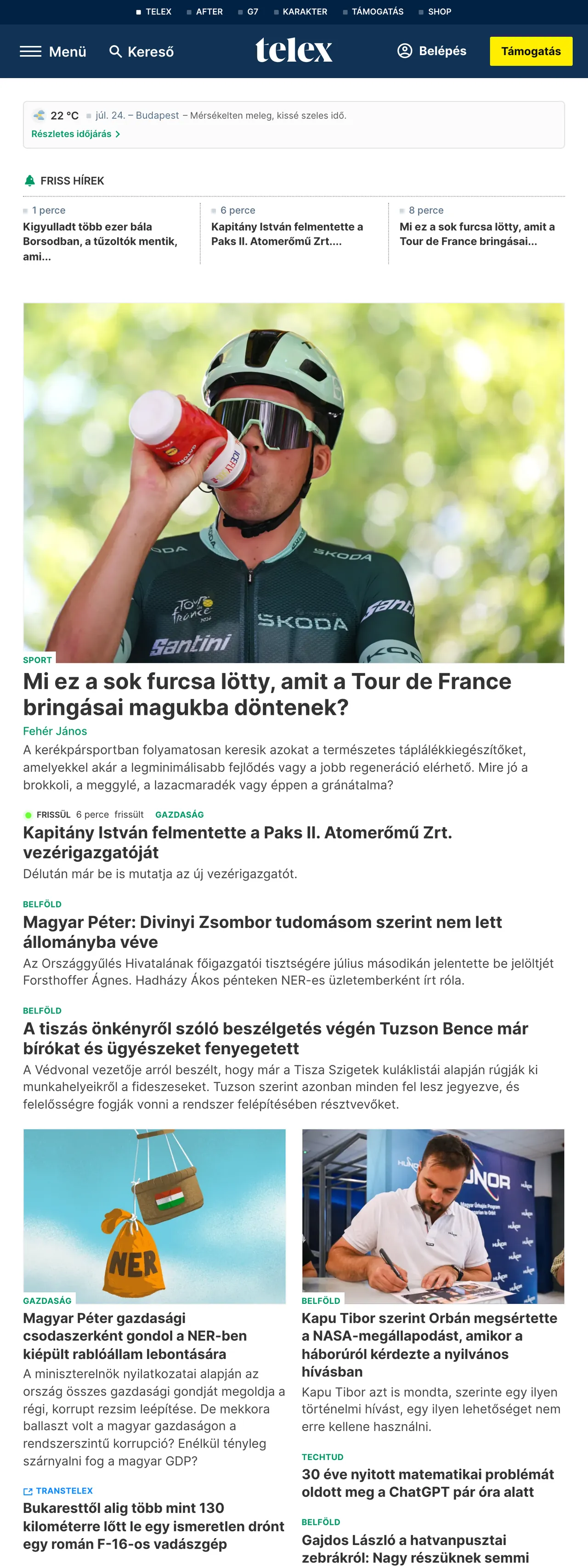 Screenshot of the Telex front page