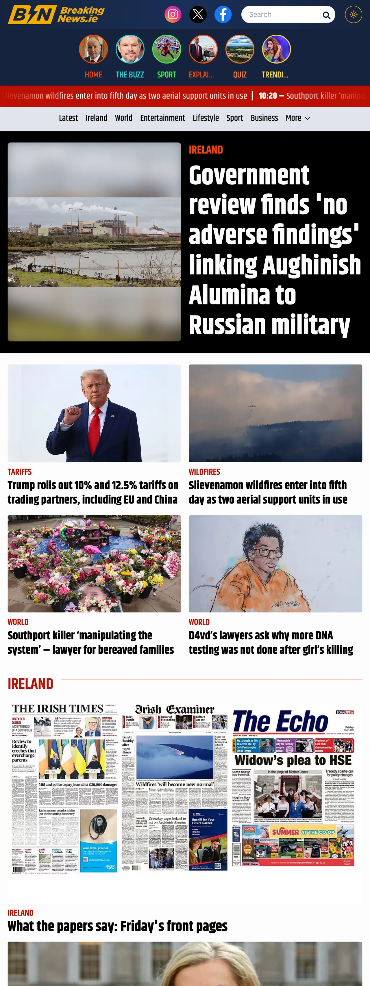 Screenshot of the BreakingNews.ie front page