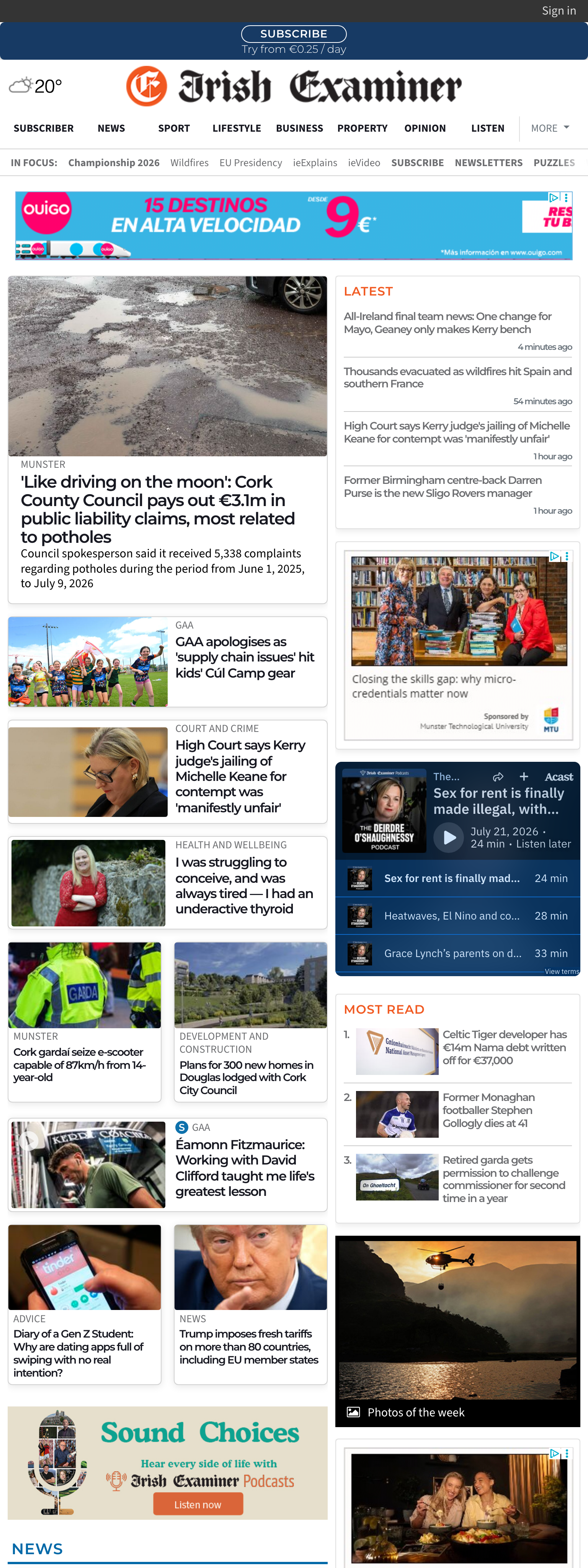 Screenshot of the Irish Examiner front page