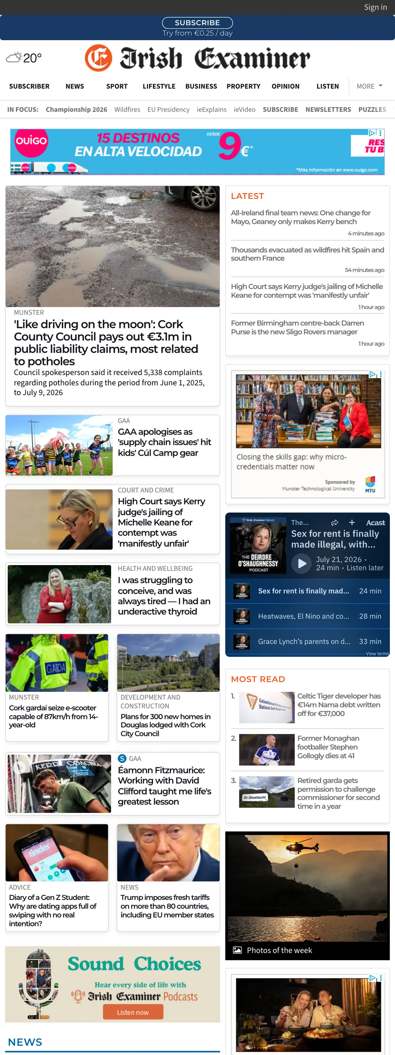 Screenshot of the Irish Examiner front page