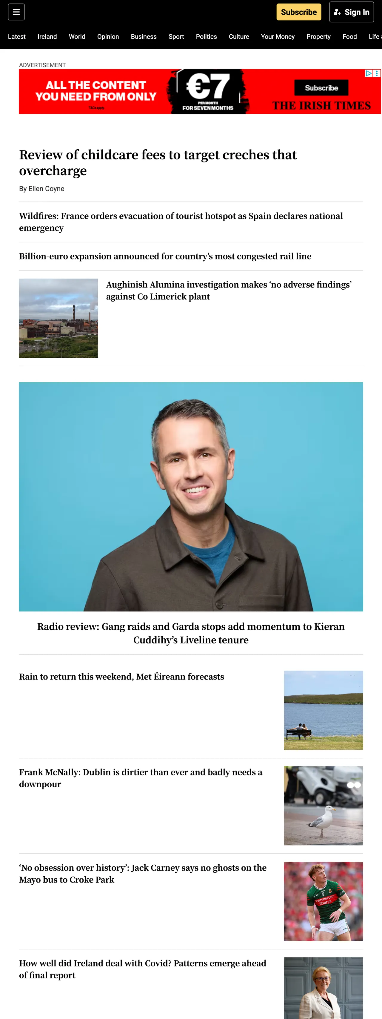 Screenshot of the The Irish Times front page