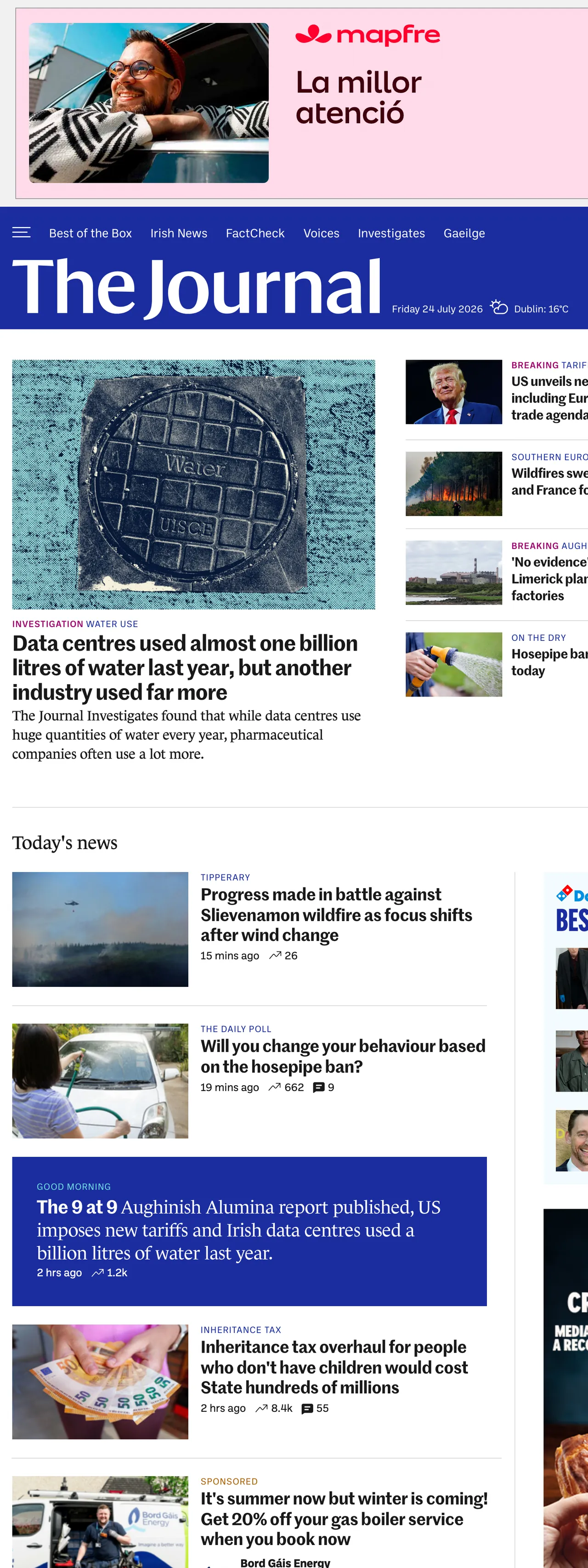 Screenshot of the TheJournal.ie front page