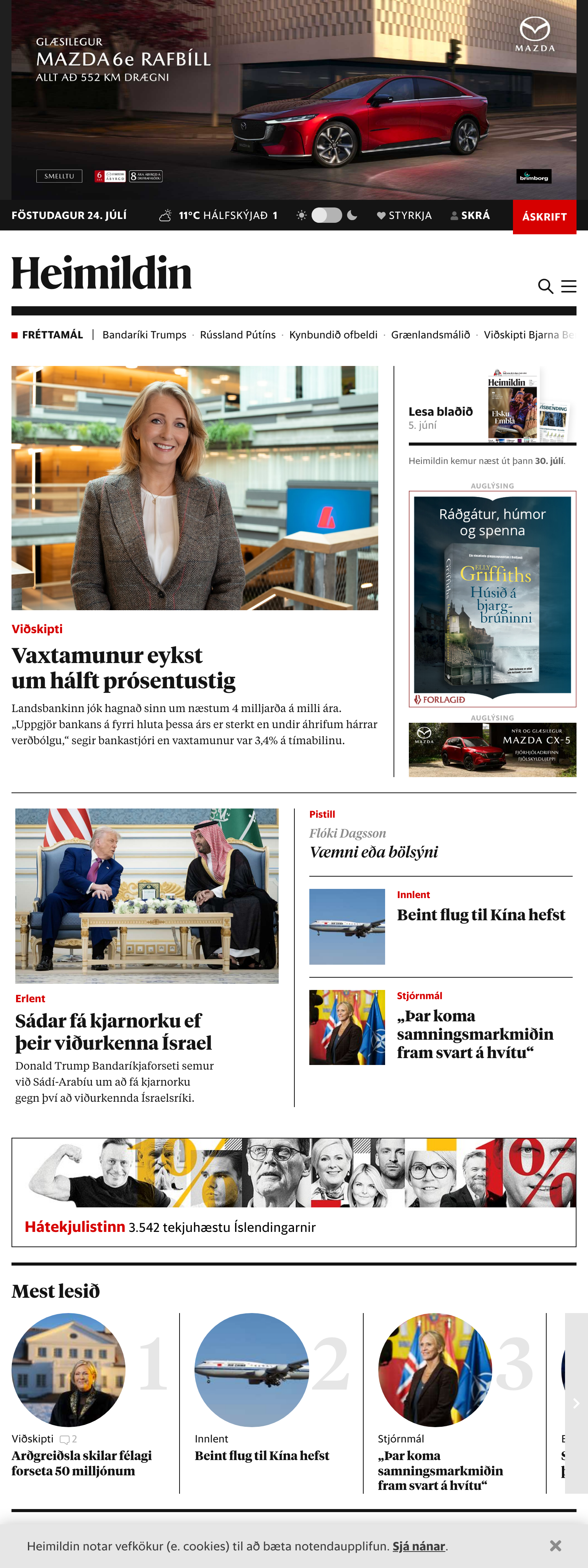 Screenshot of the Kjarninn front page